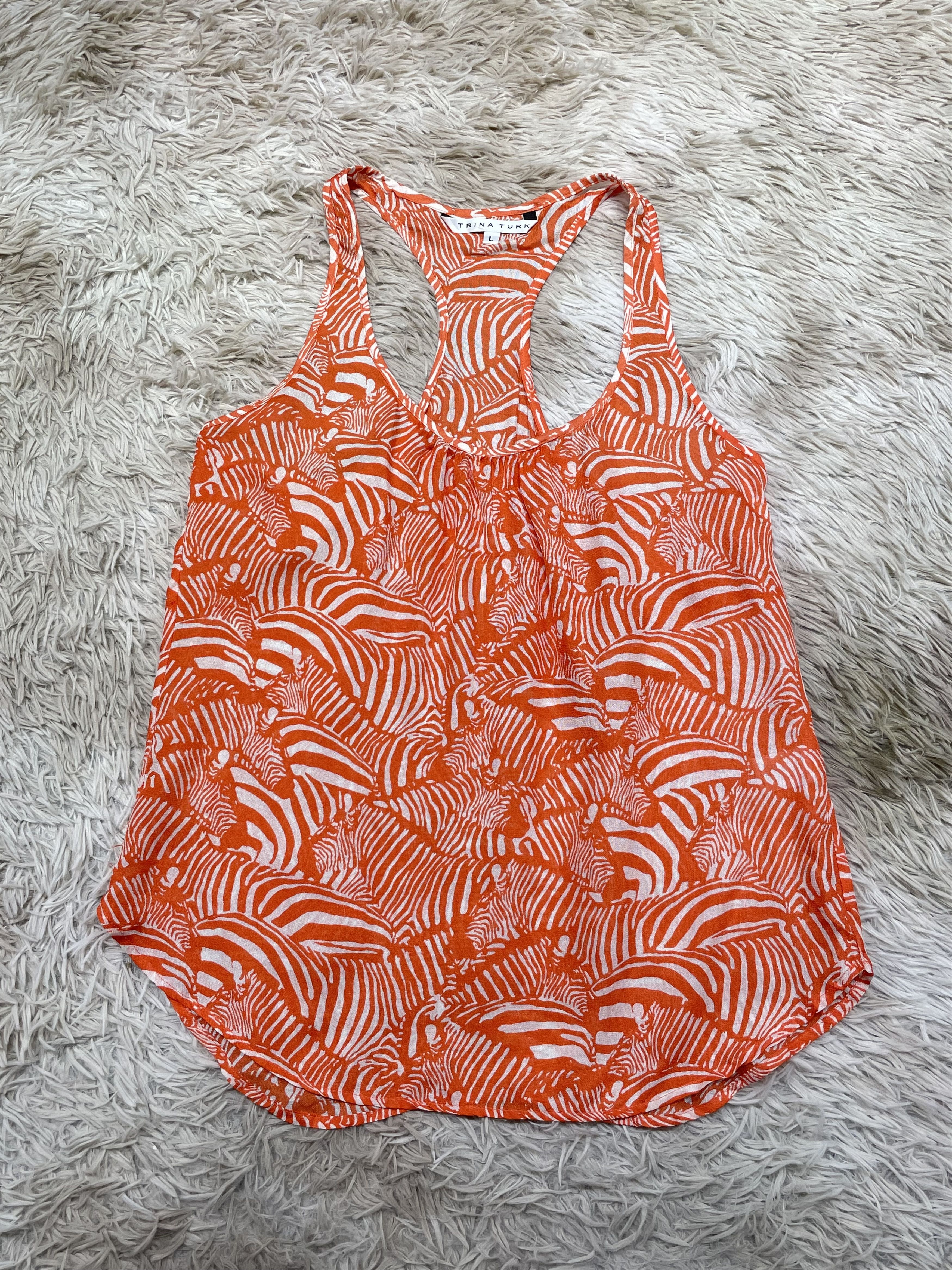 Trina Turk Orange White Zebra Silk Tank Top Size L / US 10 / IT 46 - 1 Thumbnail