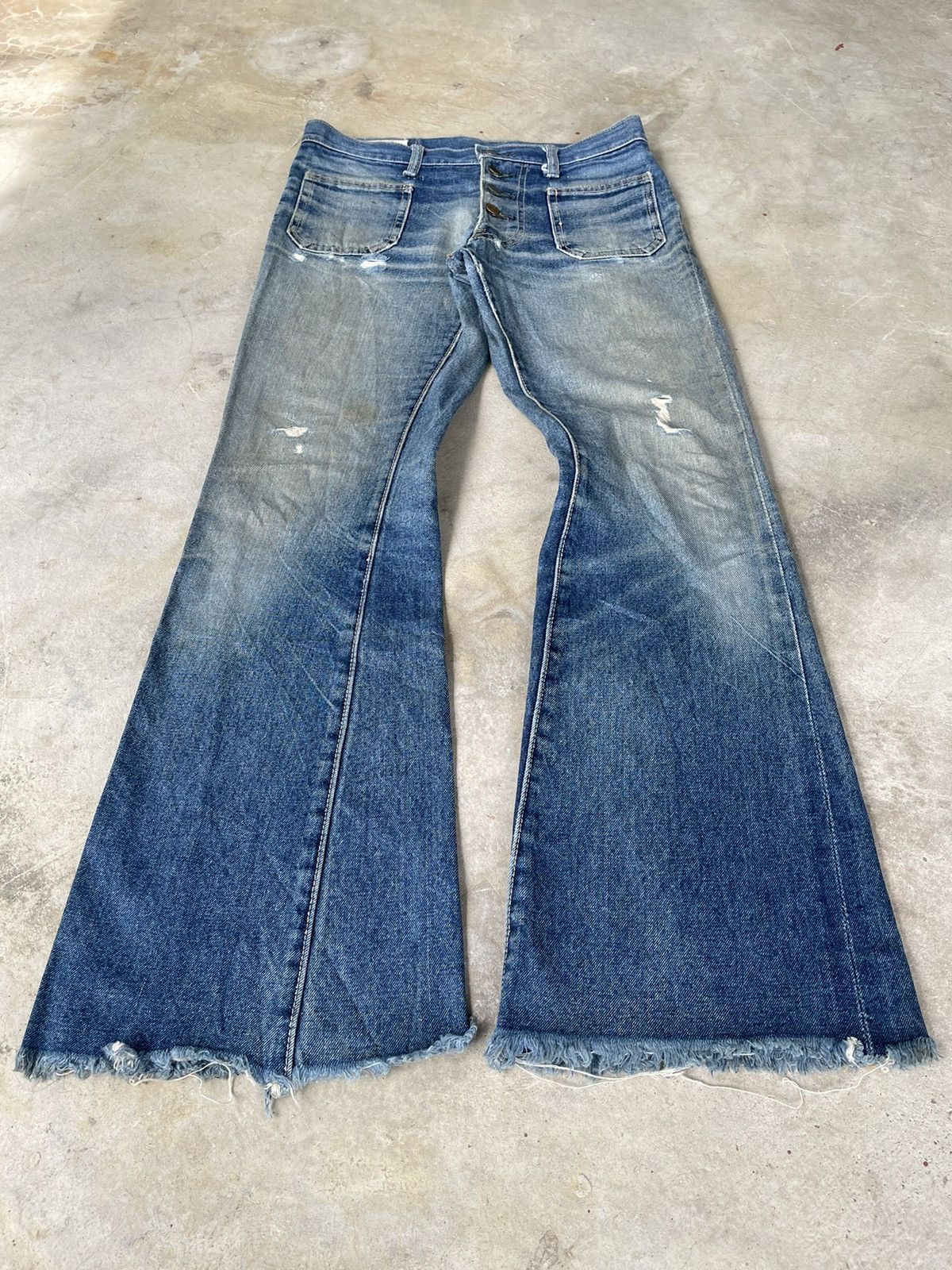 If Six Was Nine Rare Vintage 80s Edwin Distressed Flare Faded Mud Wash Denim Size US 31 - 2 Thumbnail