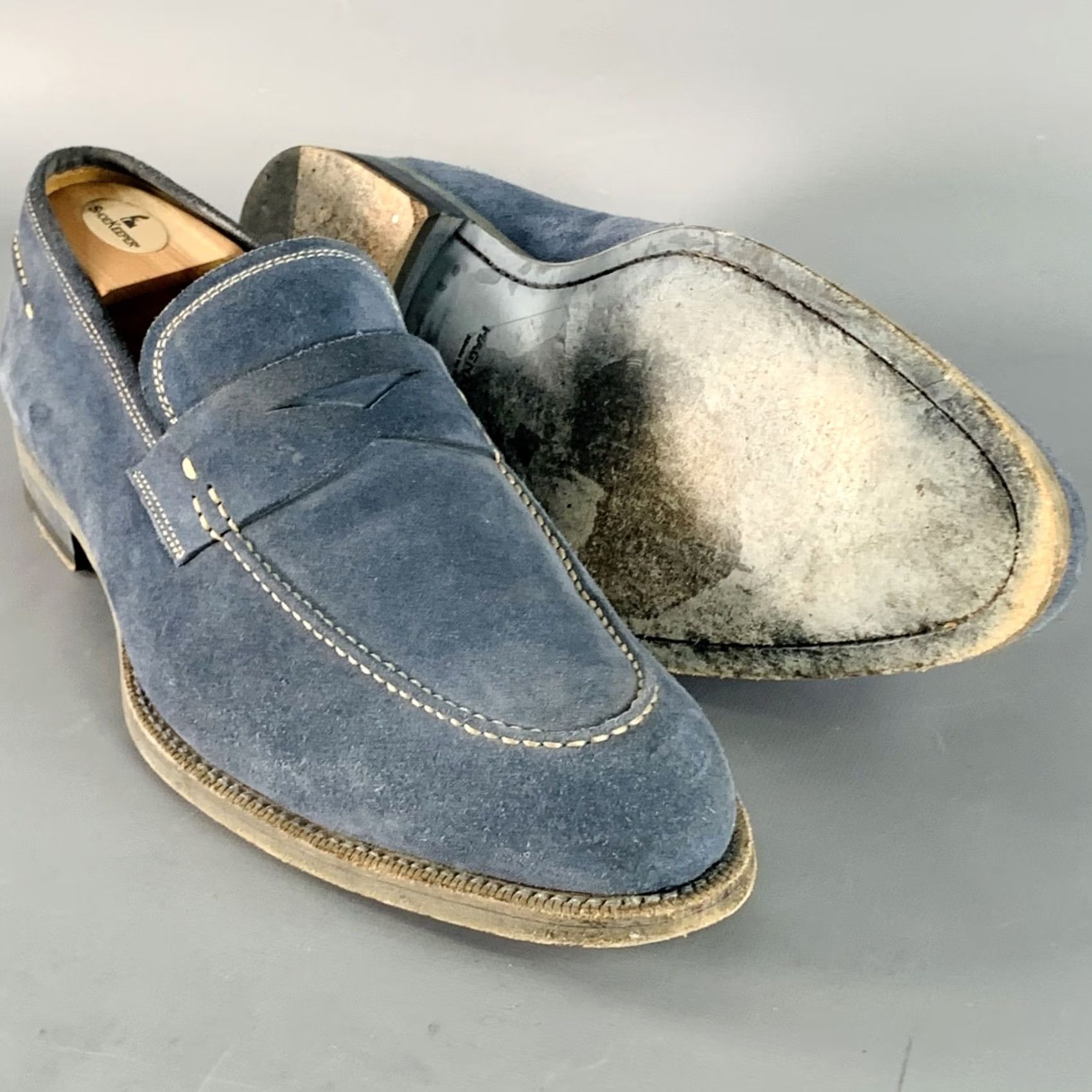 Magnanni MAGNANNI Blue Grey Suede Penny Loafers Size 11 Contrast Stitch Men Size US 11 / EU 44 - 5 Thumbnail