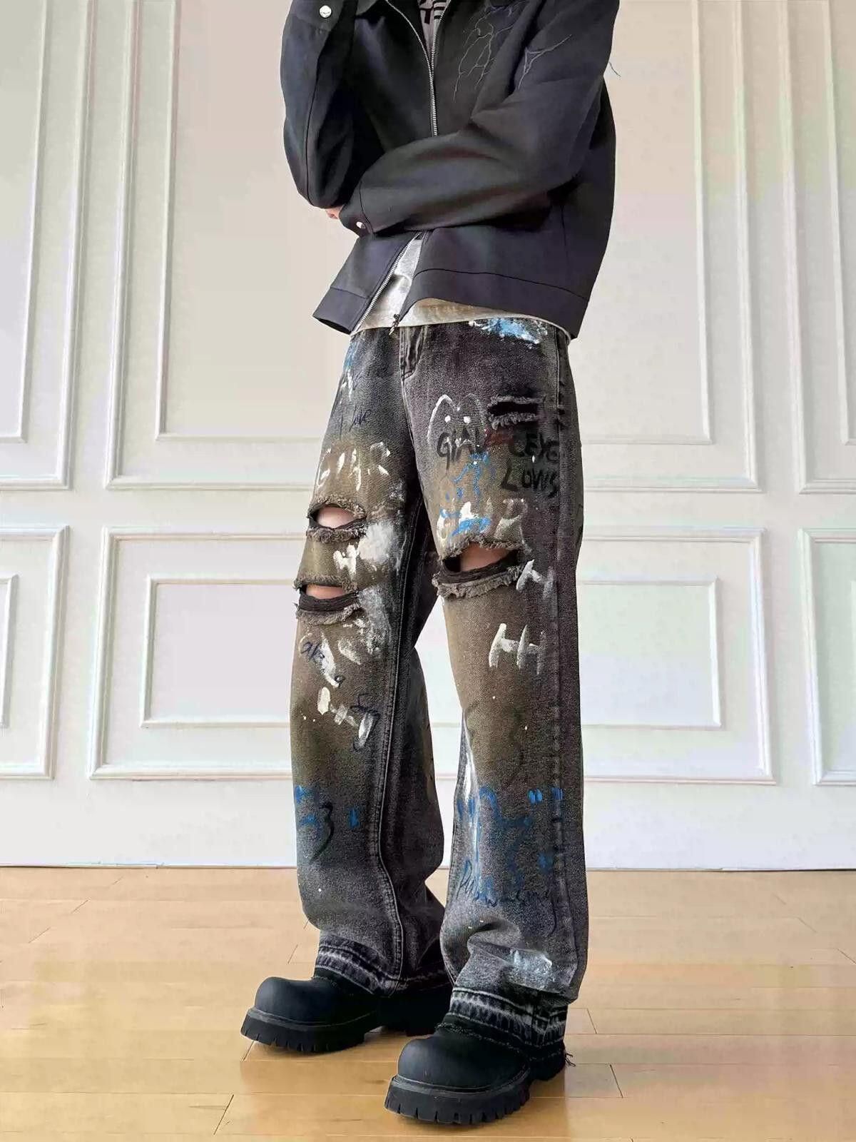 Jean Graffiti-Print Ripped Wide Leg Baggy Jeans Size US 30 / EU 46 - 4 Thumbnail