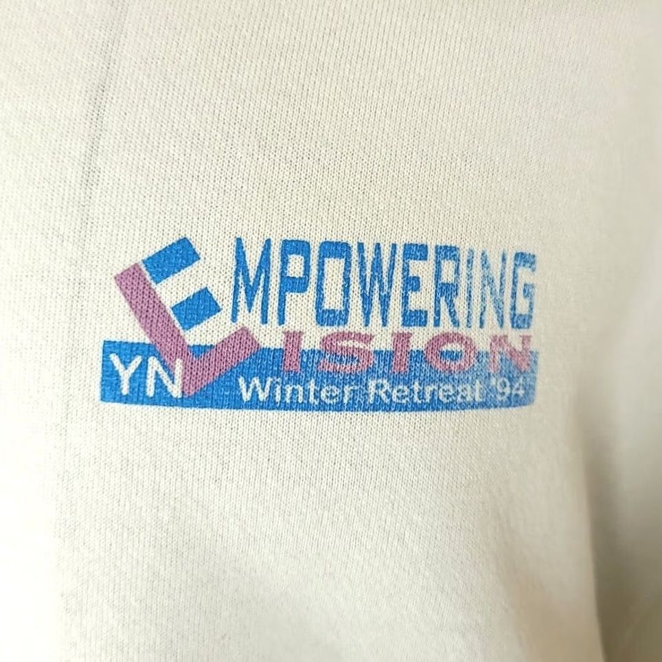 Vintage VINTAGE Empowering Vision Sweatshirt Mens L White 90s Winter Retreat 1994 Sweatshirt Size US L / EU 52-54 / 3 - 3 Thumbnail