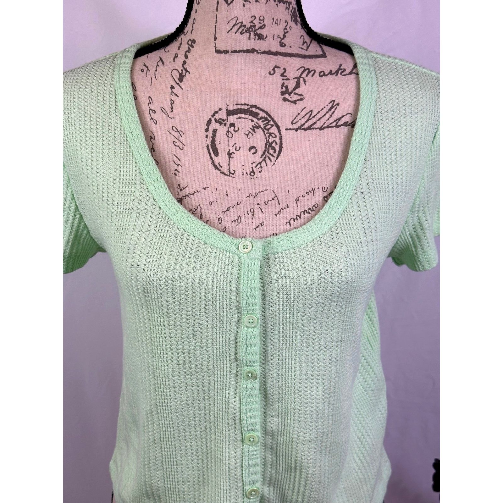 Other Elodie Waffle Knit Short Sleeve Button Up Crop Top Green XL Size XL / US 12-14 / IT 48-50 - 7 Thumbnail
