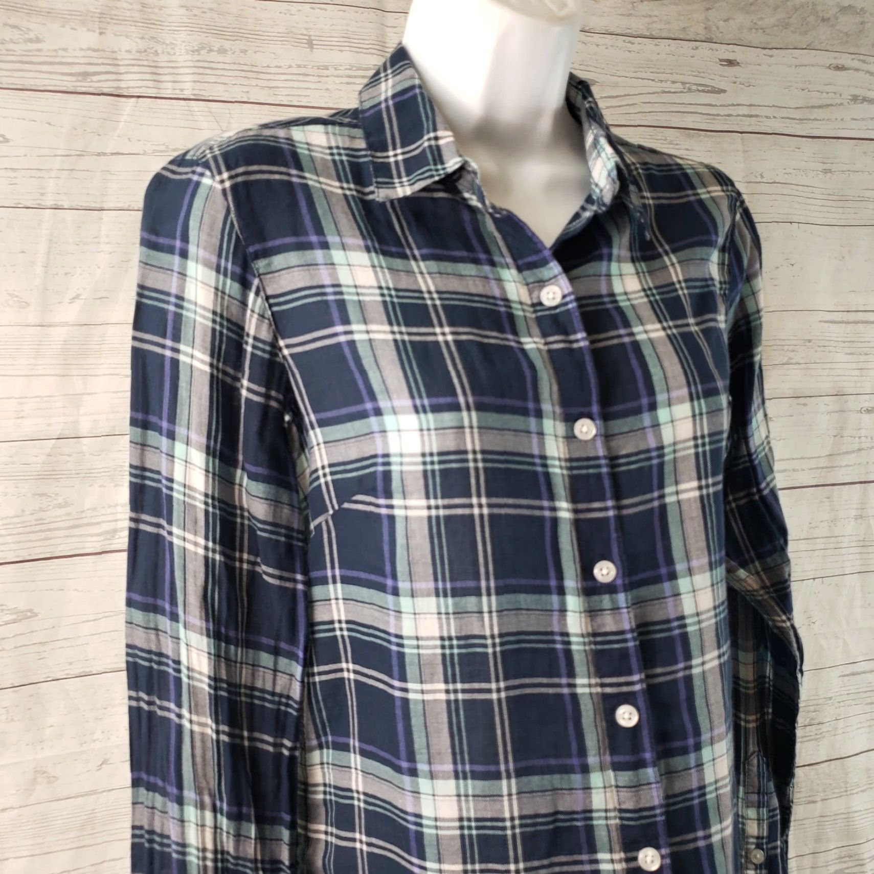 Vintage Garnet Hill Womens Button Front Shirt Sz 4 Blue Plaid Long Sleeve Semi Sheer Shirt Womens Jeans? Size S / US 4 / IT 40 - 2 Thumbnail