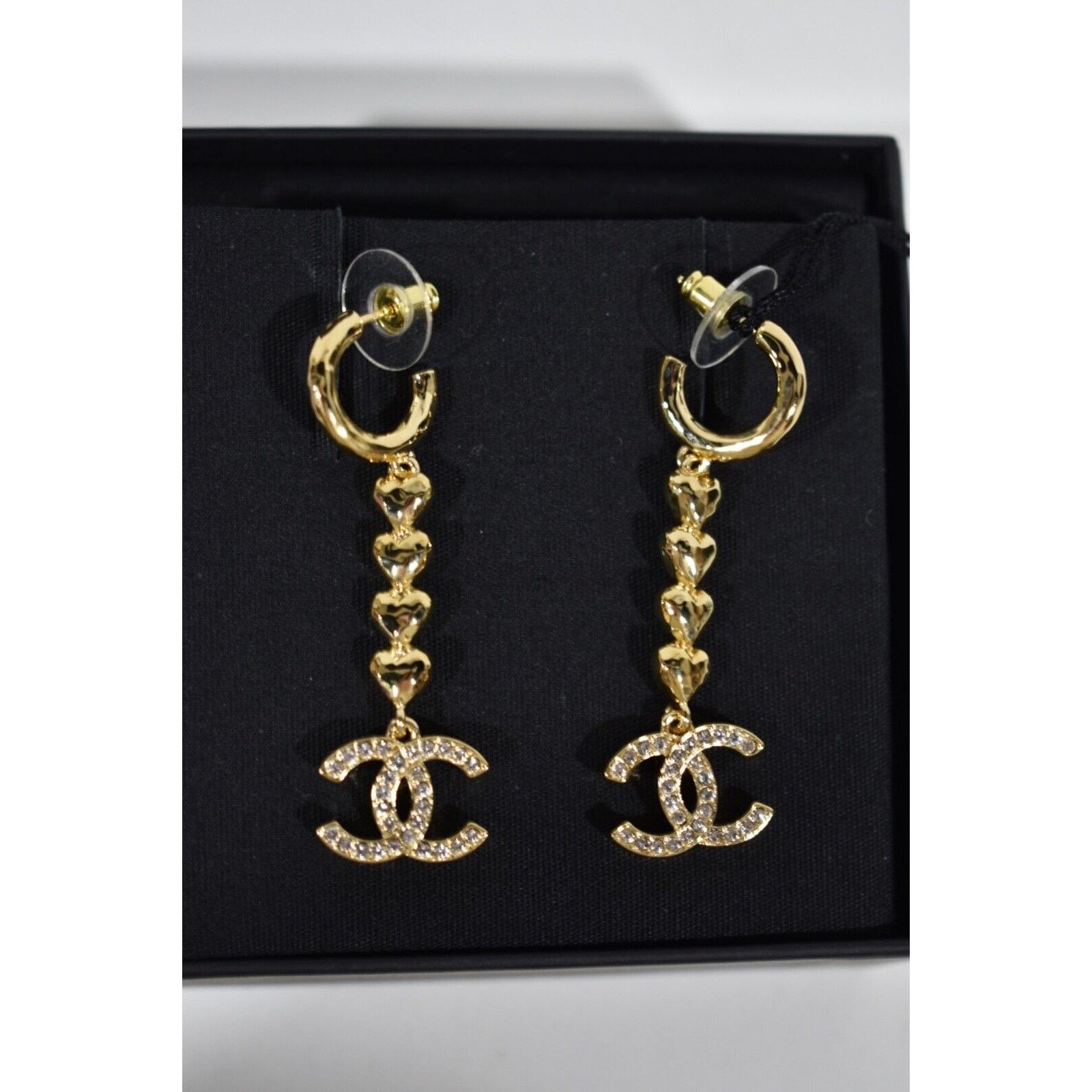 Chanel Chanel Heart Shape Gold Pendant Crystal Stud Drop Earrings Size ONE SIZE - 1 Thumbnail