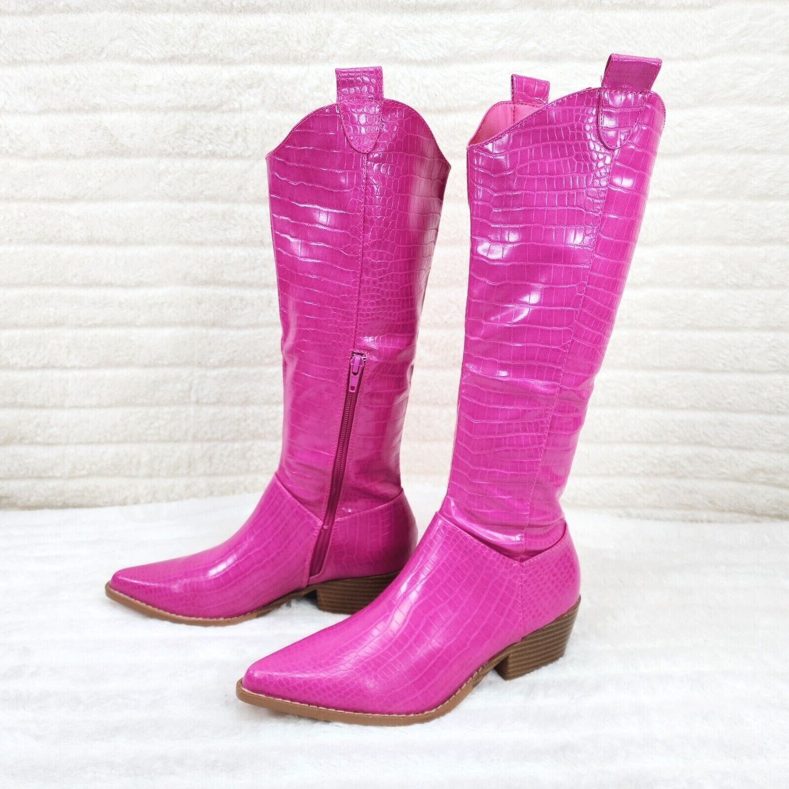 Other Sassy Fuchsia Hot Pink Snake Texture Western Knee High 2" He Size US 11 / IT 41 - 4 Thumbnail