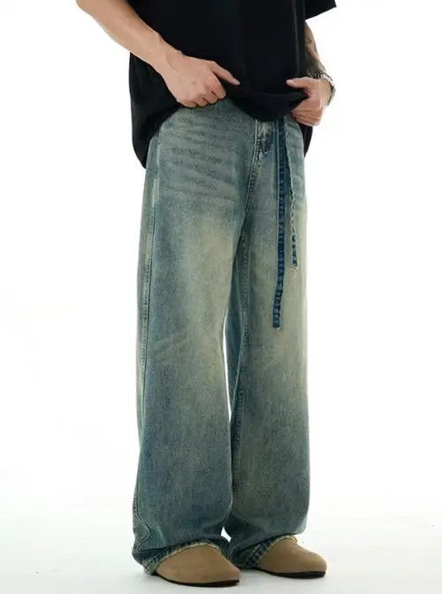 Japanese Brand × Jean Men's blue straight loose washed distressed belt jeans Size US 32 / EU 48 - 2 Thumbnail