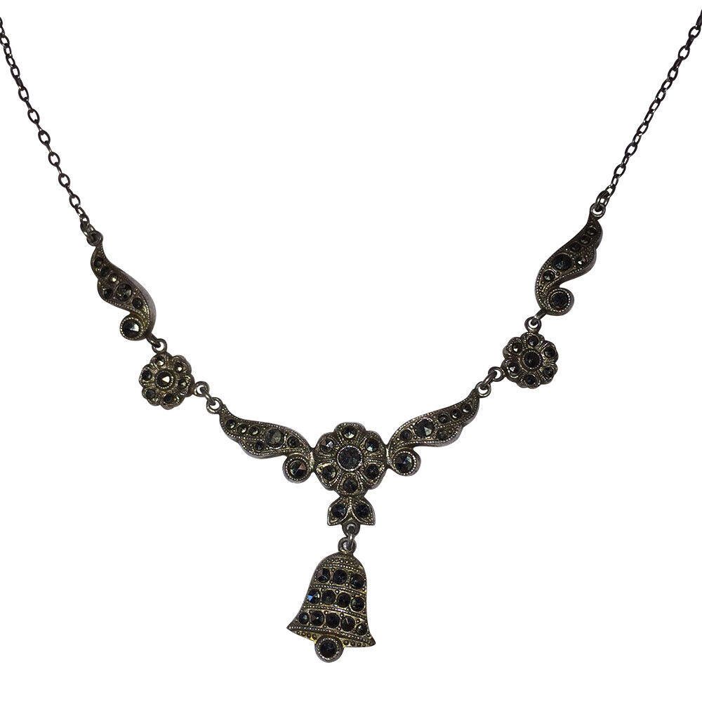 Designer Art Deco Sterling Marcasite Bell Charm Necklace Size ONE SIZE - 1 Thumbnail