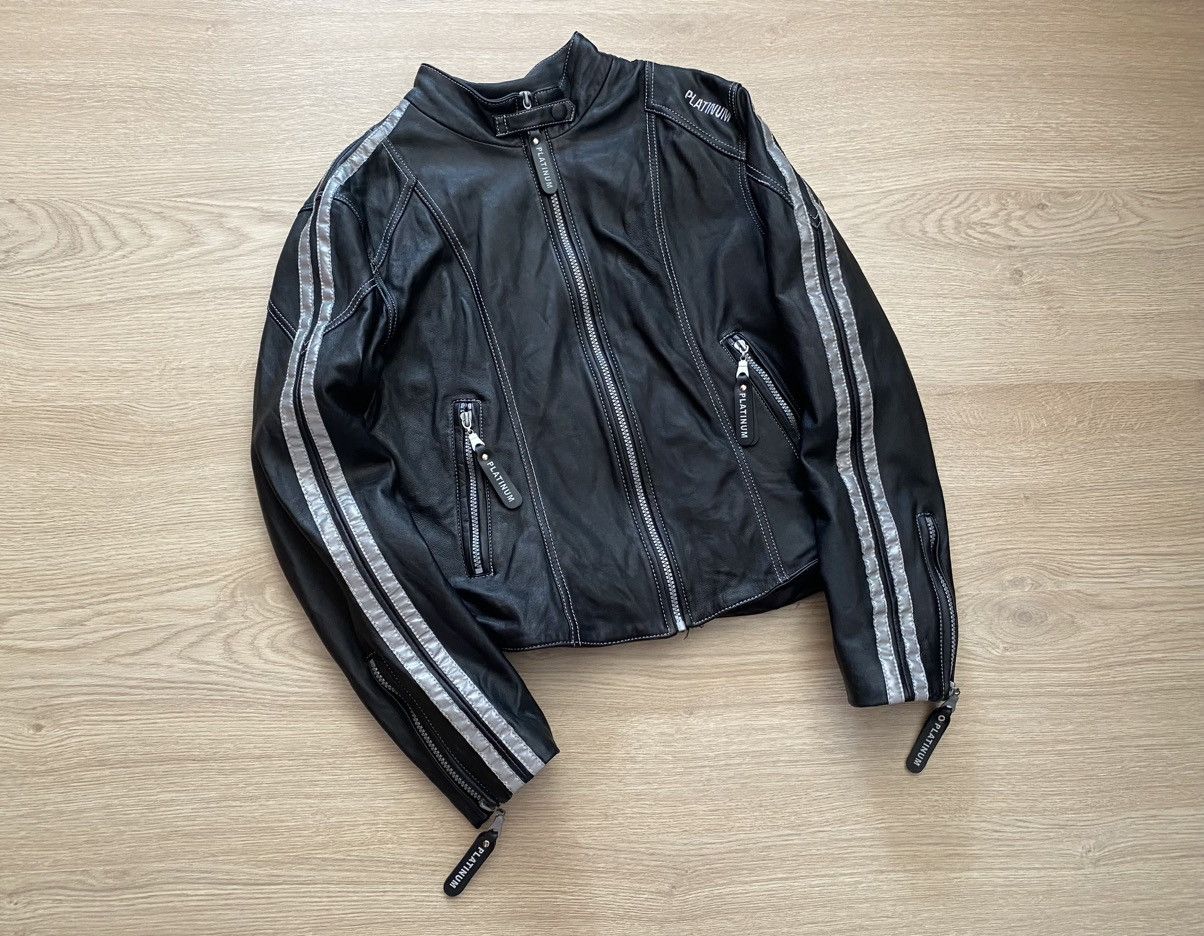 image of Leather Jacket x Racing Vintage Platinum Real Cow Leather Y2K Moto Racing Jacket in Black, Women's 