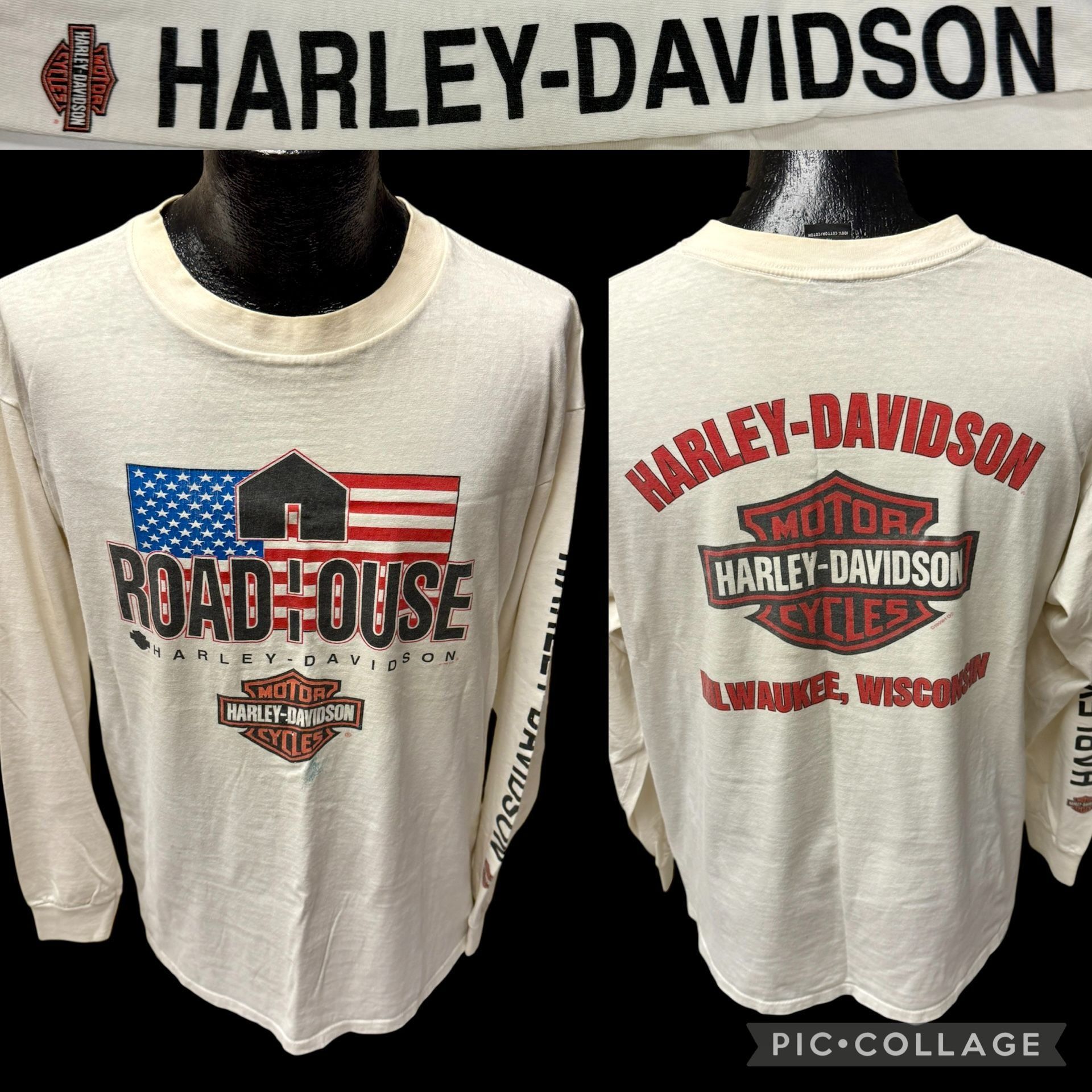 Harley Davidson 90's H-D USA FLAG L/S Spellout Milwaukee WI ROAD HOUSE 1999 Size US XL / EU 56 / 4 - 1 Thumbnail