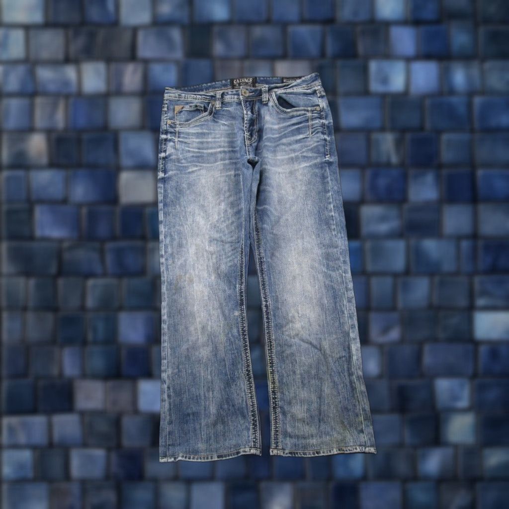 Vintage Salvage Jeans Buckle Blue Distressed Denim Straight Leg 32x27 Read Hemmed Men 5-Pocket Design Size 32 Regular Inseam 27 Vintage No Size US 32 / EU 48 - 1 Thumbnail