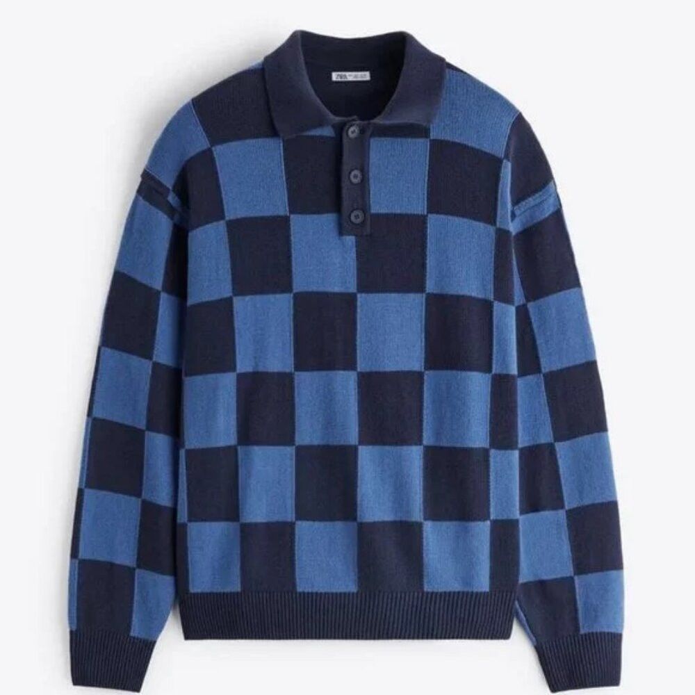 Zara NWT New Zara Check Knit Polo Cotton Blue Sweater Size M Size US M / EU 48-50 / 2 - 3 Thumbnail