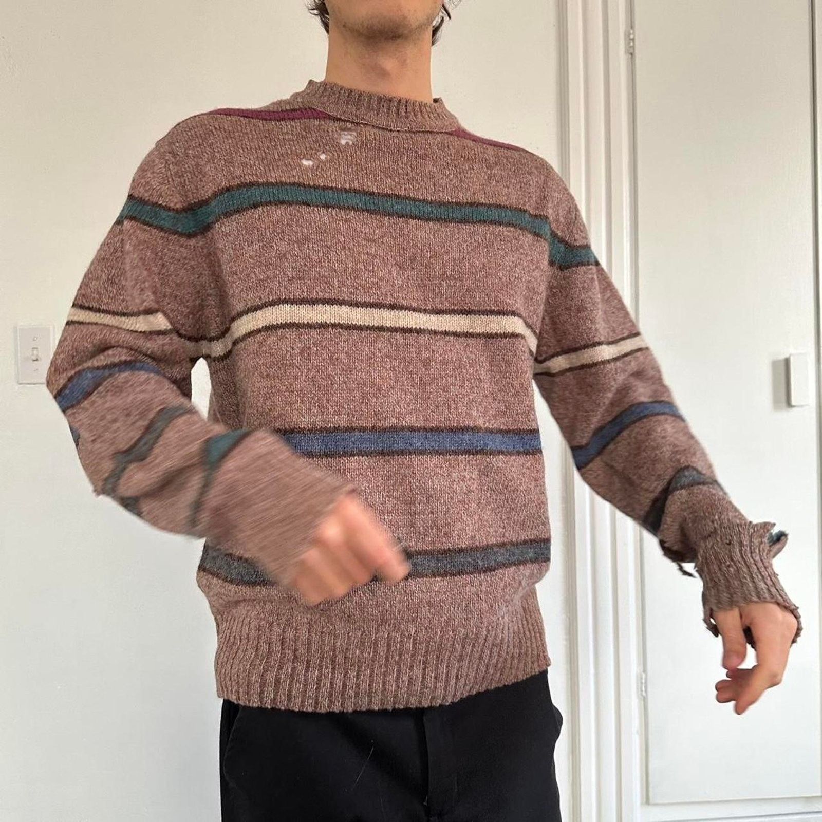 Vintage Perfect Vintage 80s Thrashed Grunge Striped Wool Sweater Size US XL / EU 56 / 4 - 2 Thumbnail