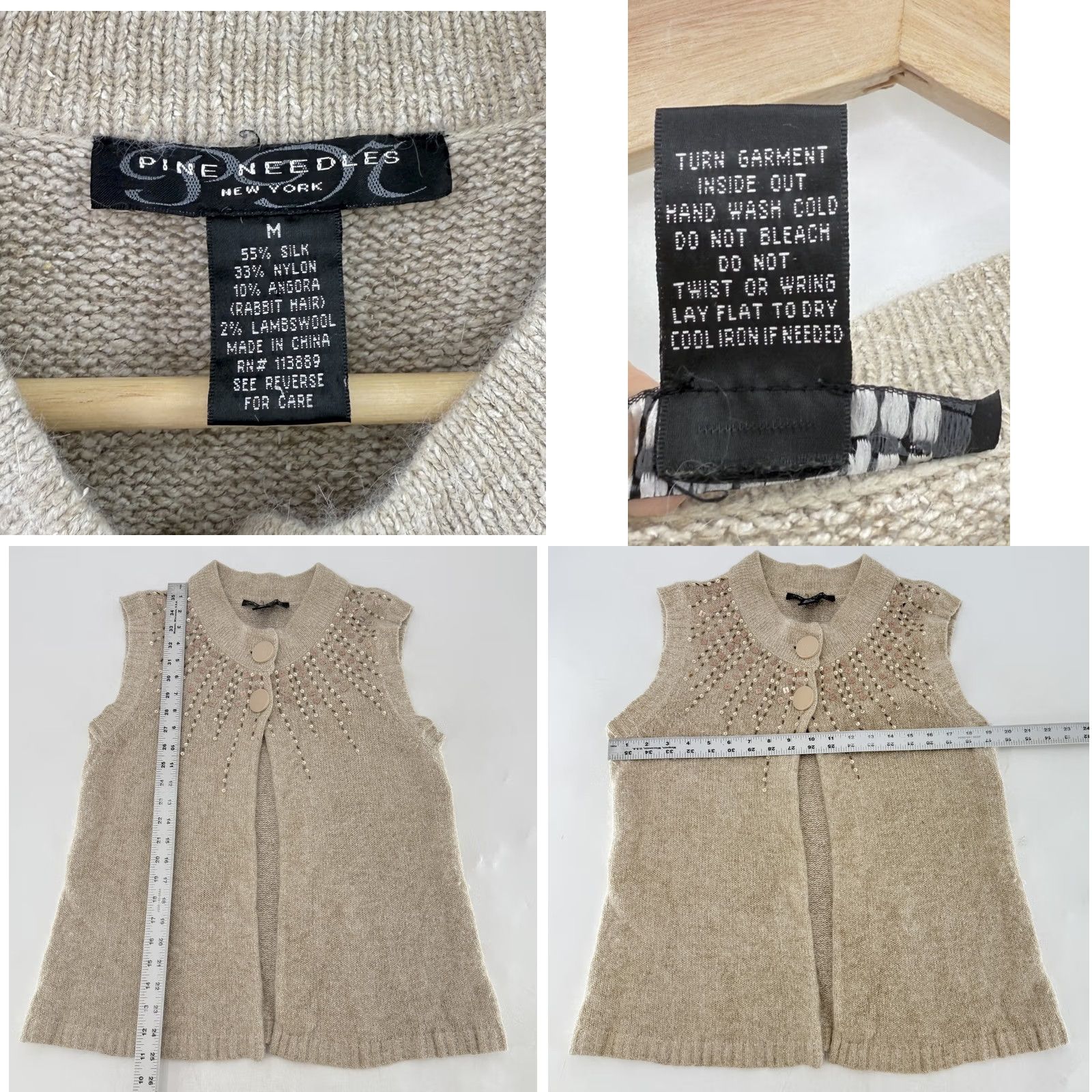 Vintage Pine Needles Beaded Sweater Vest - Womens Medium Beige Silk Knit Size M / US 6-8 / IT 42-44 - 8 Thumbnail