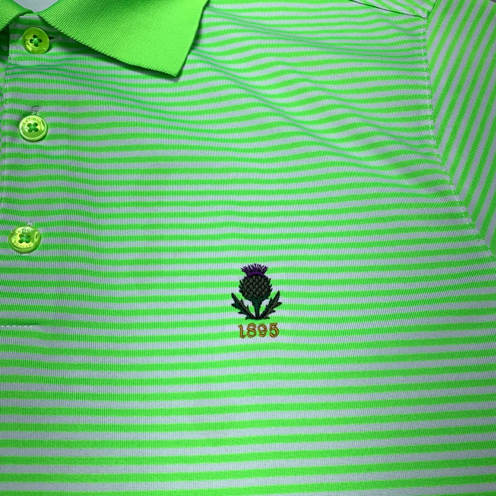 Vintage Antigua Polo Shirt Mens M Striped Neon Green Short Sleeve Button Collar Golf 90s? Size US M / EU 48-50 / 2 - 7 Thumbnail