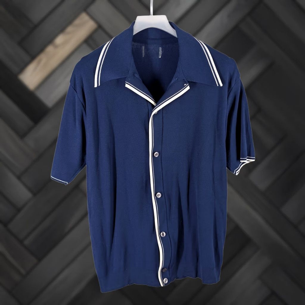 Vintage VINTAGE Navy Blue Knit Full Button Polo Shirt Rockabilly Mod Large Size US L / EU 52-54 / 3 - 1 Thumbnail