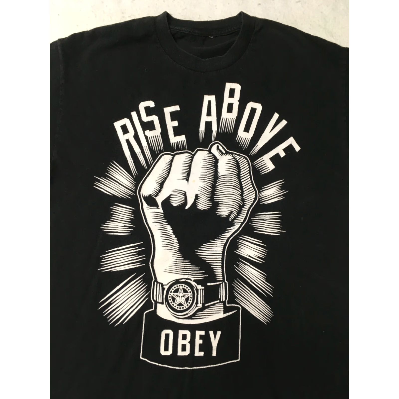 Obey OBEY Rise Above T-shirt Fist Hand Rays XL Black Unisex Adults T-Shirt Ocean Shepherd Fairey Size US XL / EU 56 / 4 - 2 Thumbnail