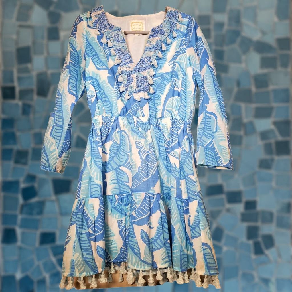 Vintage Sail to Sable Blue Palm Print Long Sleeve Tiered Tunic Flare Dress Women's S Size S / US 4 / IT 40 - 1 Thumbnail