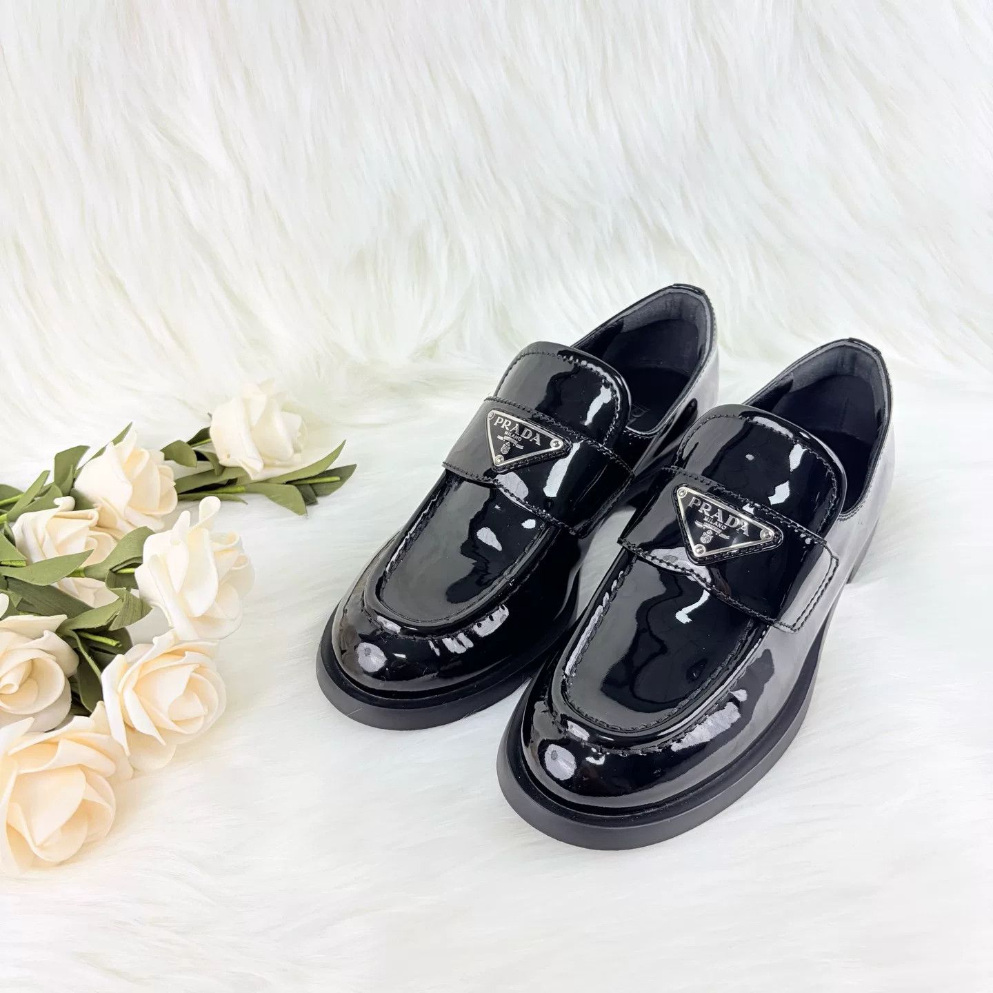 Prada Prada Black Patent Leather Triangle Loafers Size US 4 / IT 34 - 1 Thumbnail