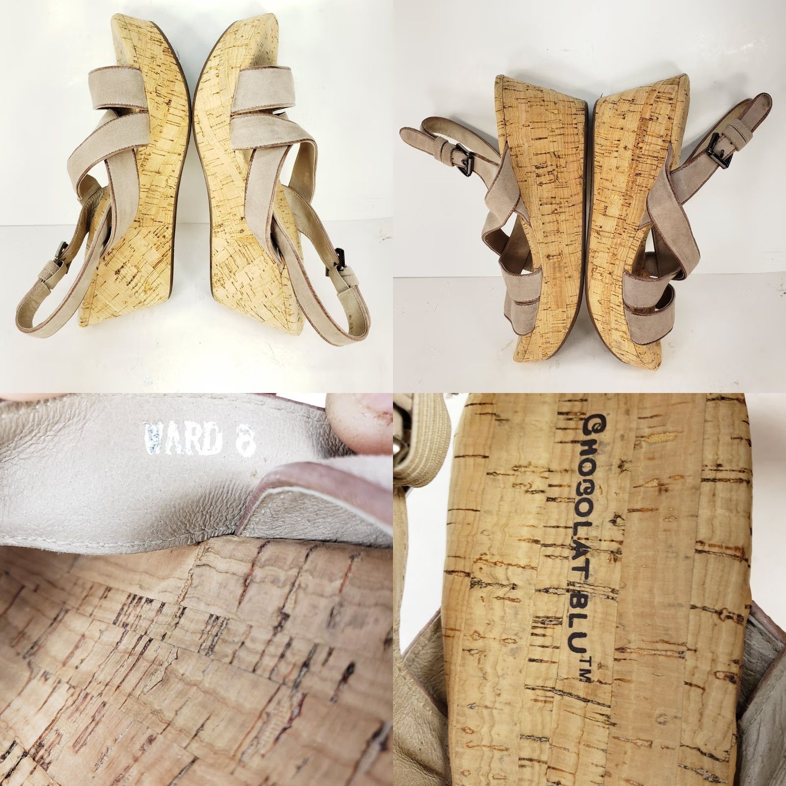CHOCOOLATE Chocolat Blu Ward Wedge Sandal Strappy Leather Nubuck Beige 8M Womens Casual Formal Cork Buckle Size US 8 / IT 38 - 8 Thumbnail