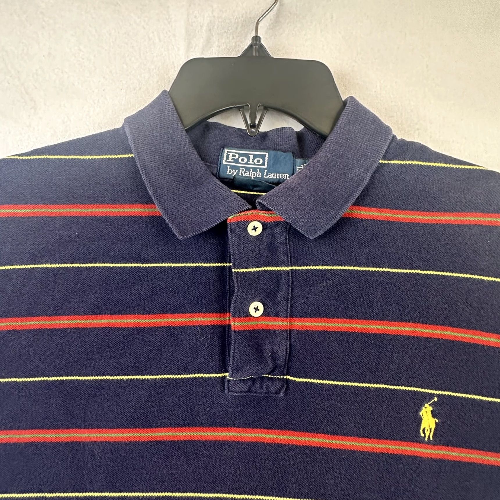 Polo Ralph Lauren Polo Ralph Lauren Polo Shirt Mens XL Custom Fit Striped Navy Blue Red Yellow Polo Pony Logo Short Sleeve Collared 100% Cotton Slim Vintage: No? Size US XL / EU 56 / 4 - 3 Thumbnail