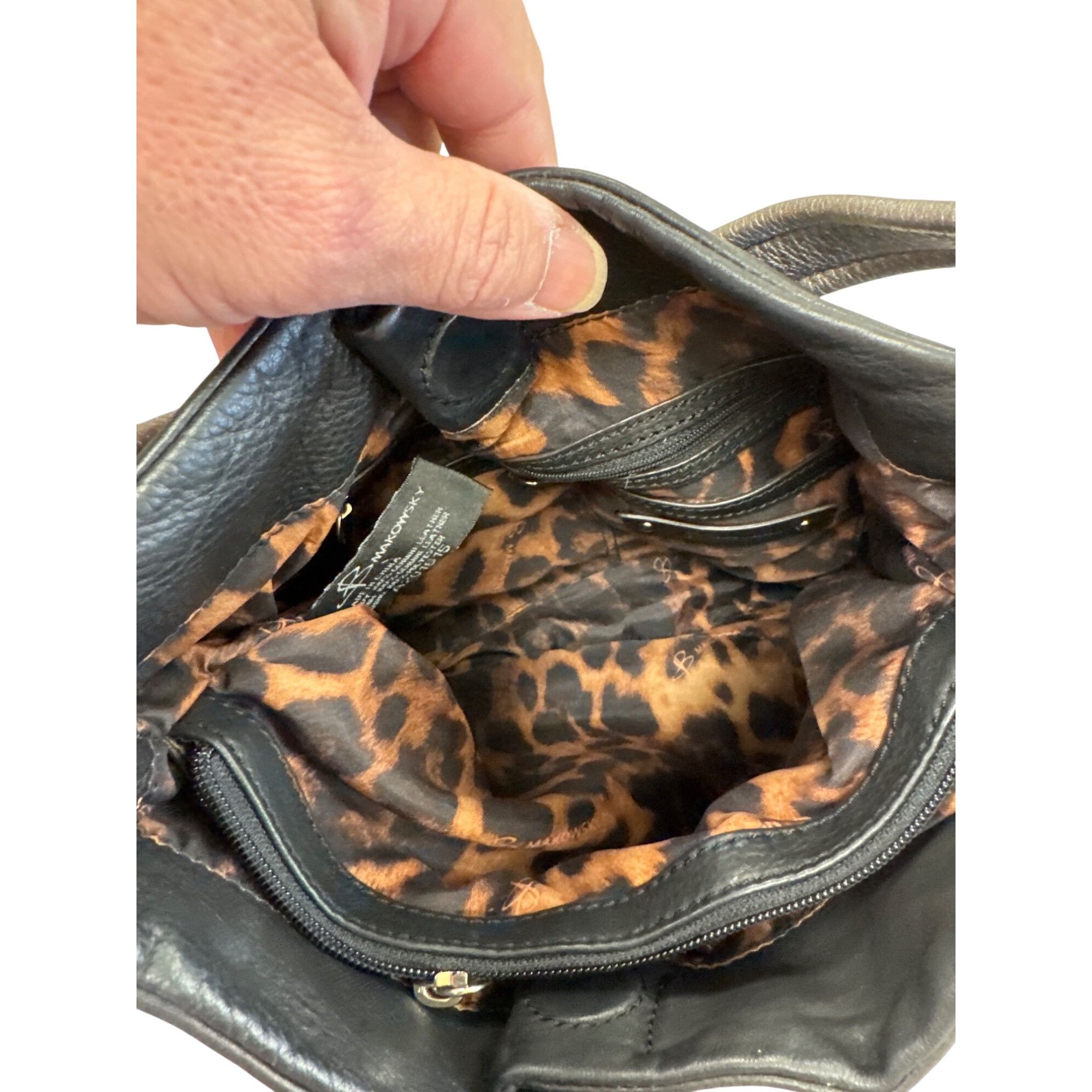 Designer B. Makowsky Womens Black & Silver Leather Hobo Handbag Purse Size ONE SIZE - 10 Thumbnail