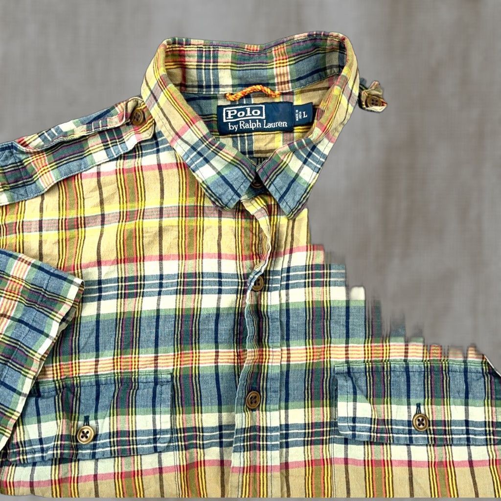 Polo Ralph Lauren Polo Ralph Lauren Shirt Men Large Green Blue Madras Plaid Button Up Epaulettes Button-Up Collar Down Sleeve Short Plaid Size US L / EU 52-54 / 3 - 1 Thumbnail