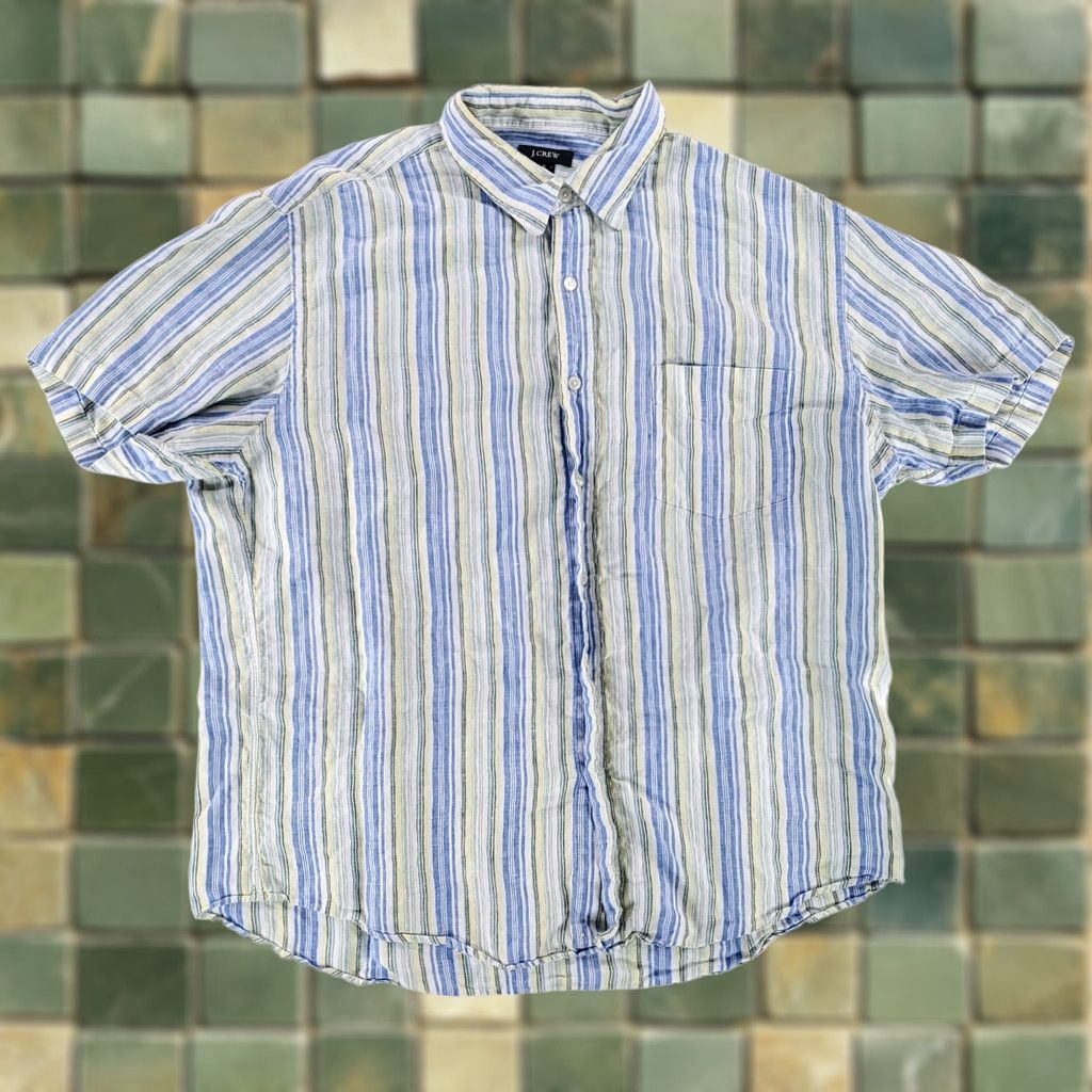 J.Crew J.CREW Shirt Short Sleeve 100% Linen Multicolor Striped XL Mens Blue Green Yellow Size US XL / EU 56 / 4 - 1 Thumbnail