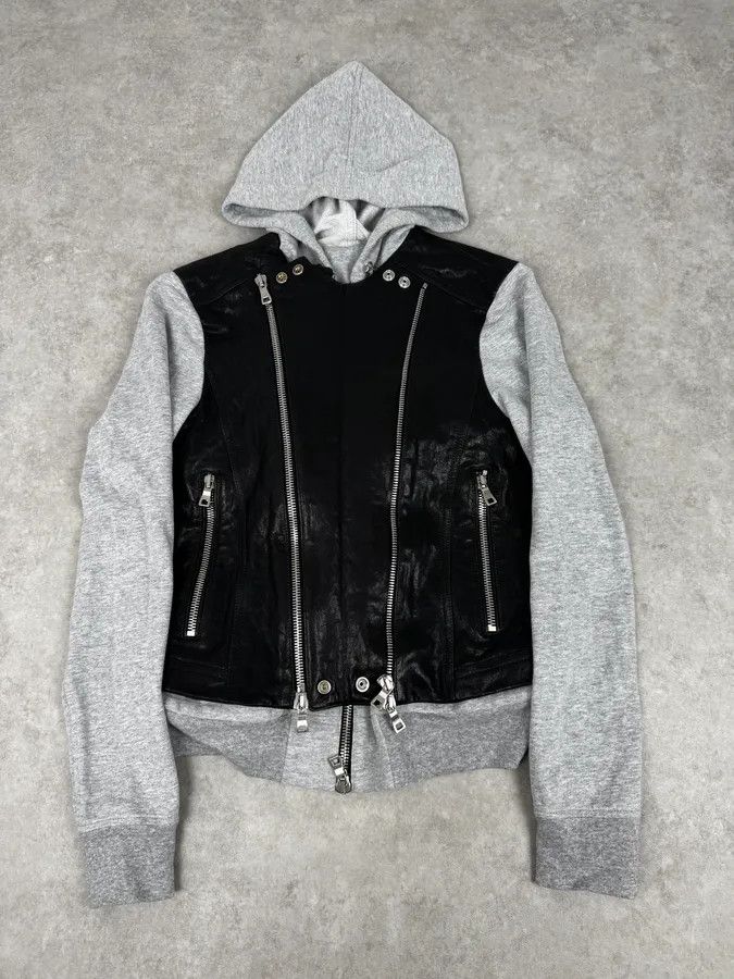 Balmain SS2019 Balmain Sample Grey & Black Horpist Leather Zip-Up Hooded Jacket Size US S / EU 44-46 / 1 - 2 Thumbnail