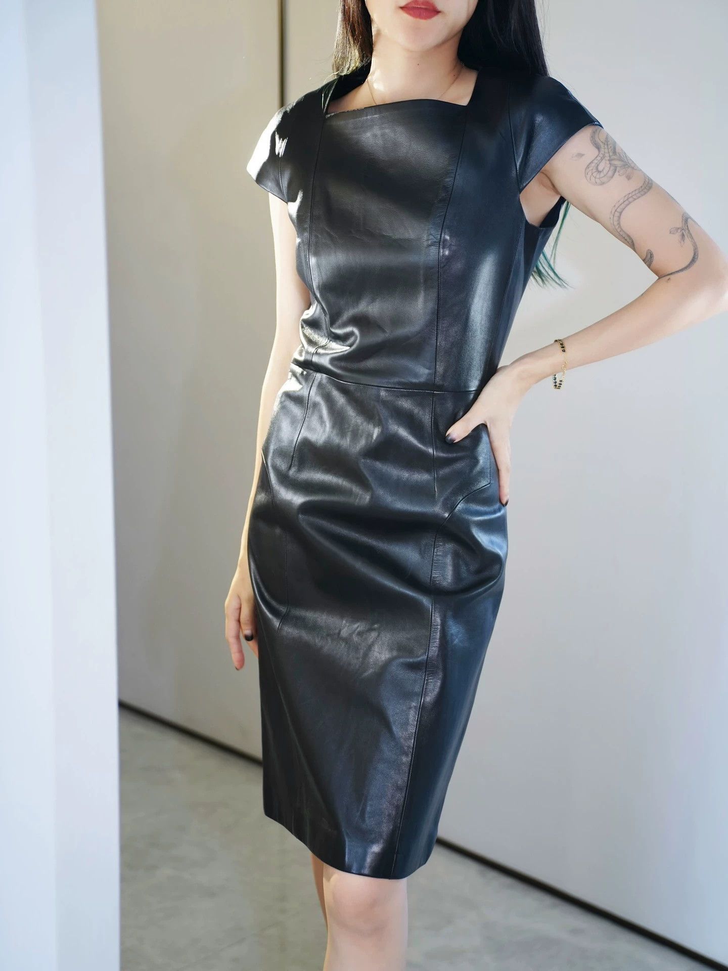 Yves Saint Laurent YSL Rive Gauche Leather Square Neck Dress Size L / US 10 / IT 46 - 1 Thumbnail