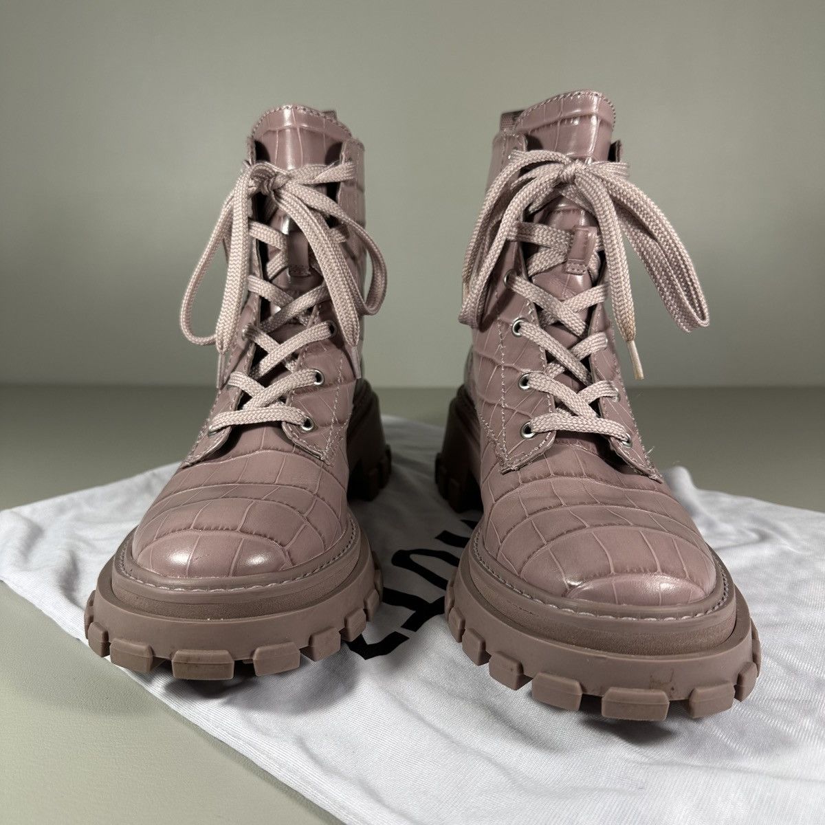 SCHUTZ Schutz Orly Croc Print Lug Sole Lilac Combat Leather Boots Size US 9.5 / IT 39.5 - 3 Thumbnail
