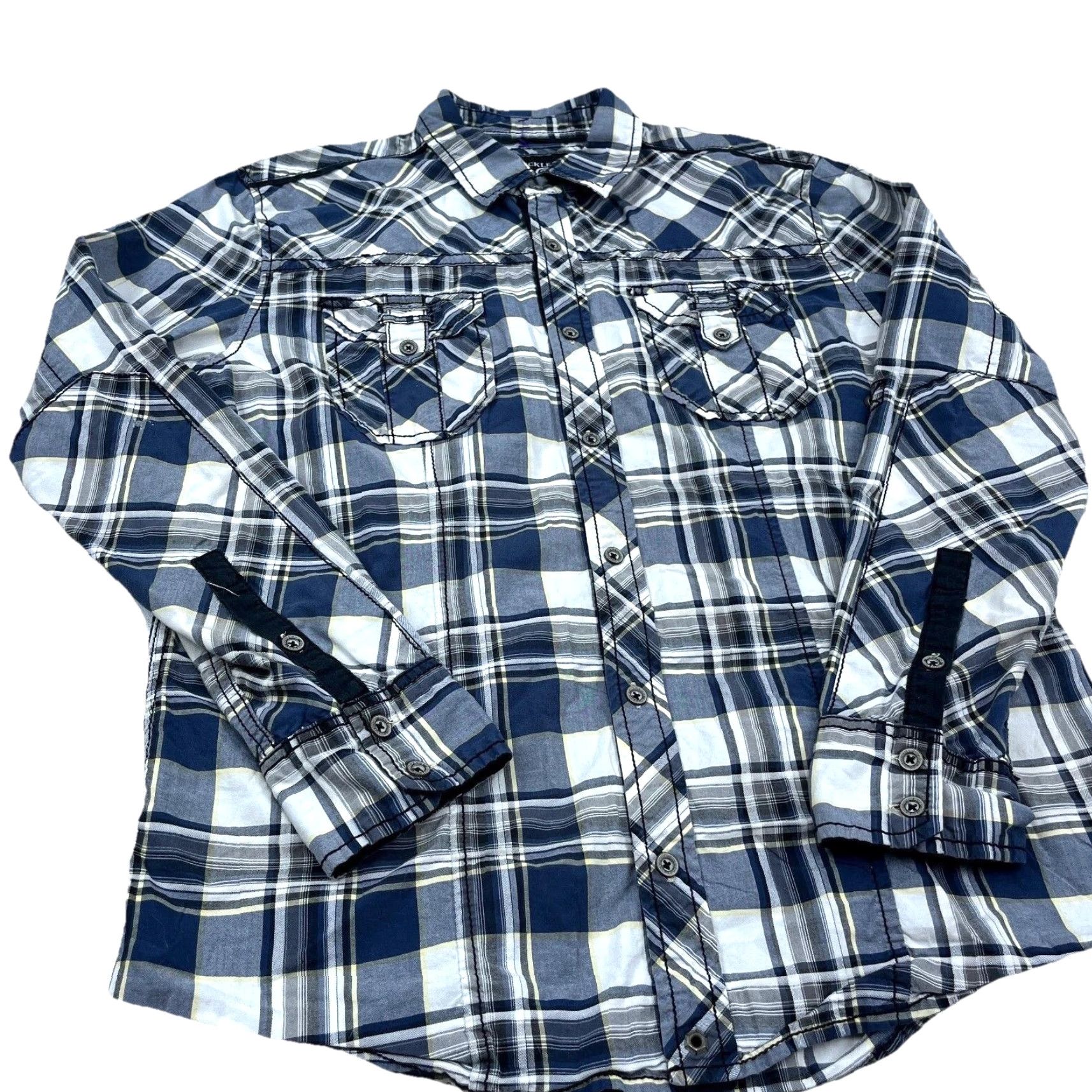 Buckle Black VINTAGE Buckle Shirt Men Large Blue Plaid Button Up Slim Fit Double Pocket Dress Adult Size 42R - 4 Thumbnail