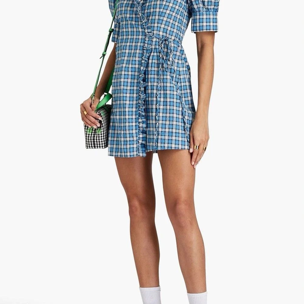 Ganni Ganni Seersucker Check Wrap Mini Dress Azure Blue XS NWT Size XS / US 0-2 / IT 36-38 - 2 Thumbnail