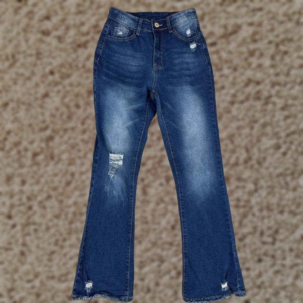 Vintage Jeans Womens 24 Blue Denim Flared Distressed Cotton Blend Mid Rise 24x28 Size 42" / US 20 - 1 Thumbnail