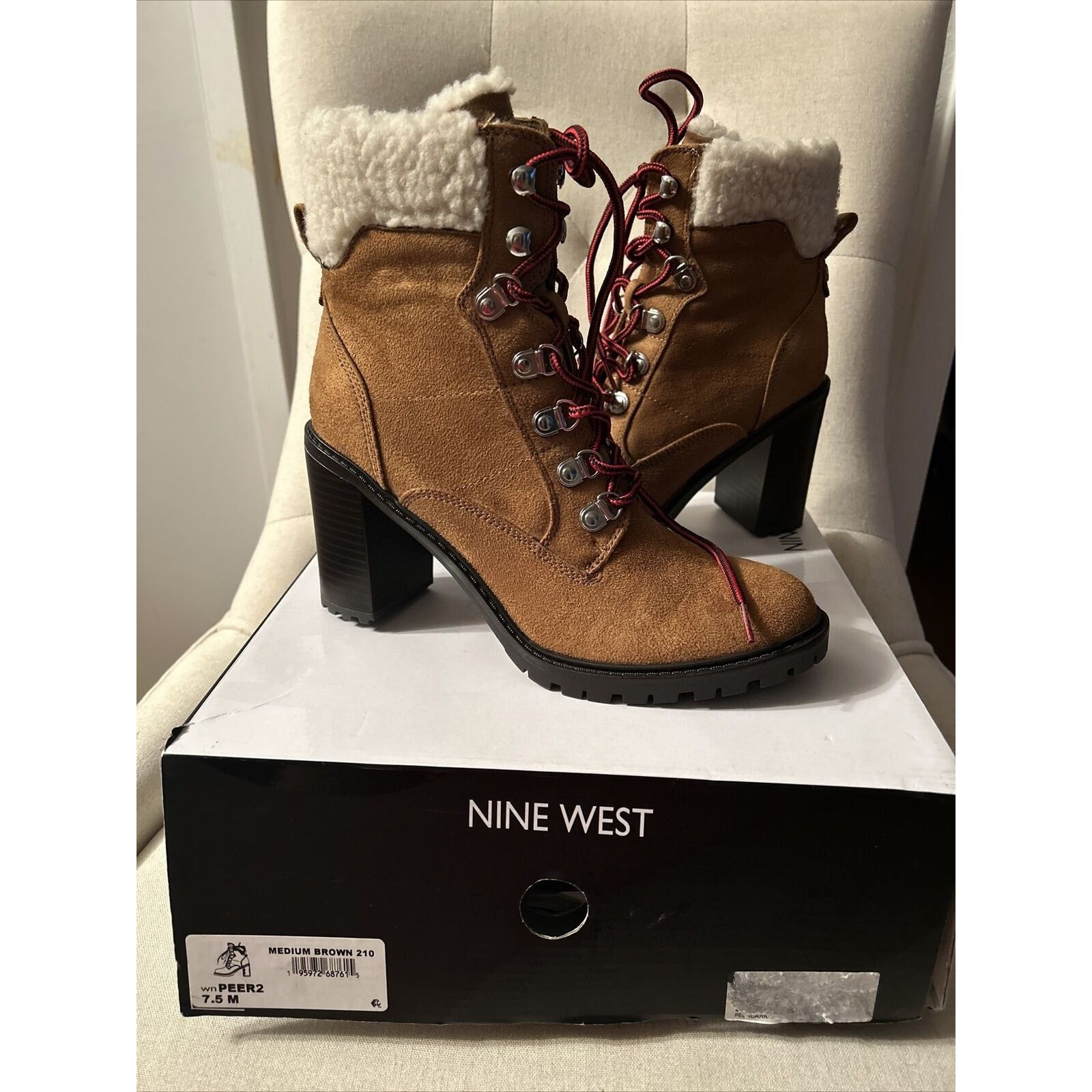 NEW W/BOX Nine West Peer Sherpa Cuff Ankle Boots Brown