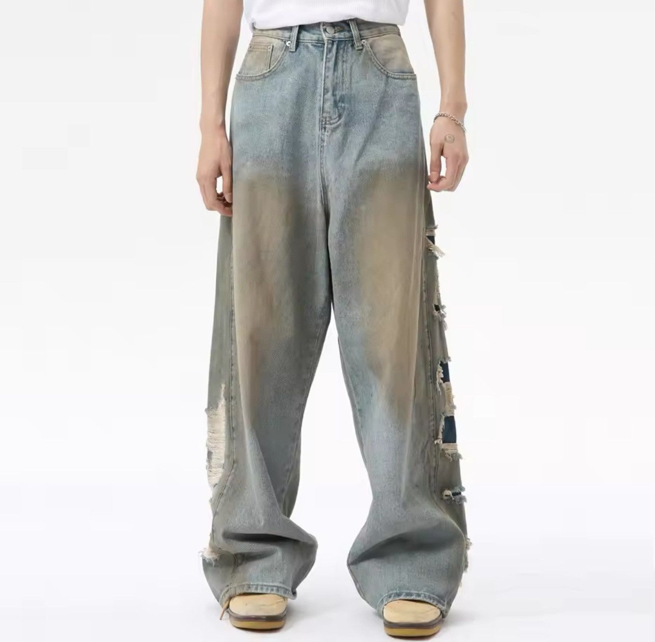 Designer × Vintage Streetwear Distressed Hole Loose Straight Jeans y2k Size US 29 - 1 Thumbnail