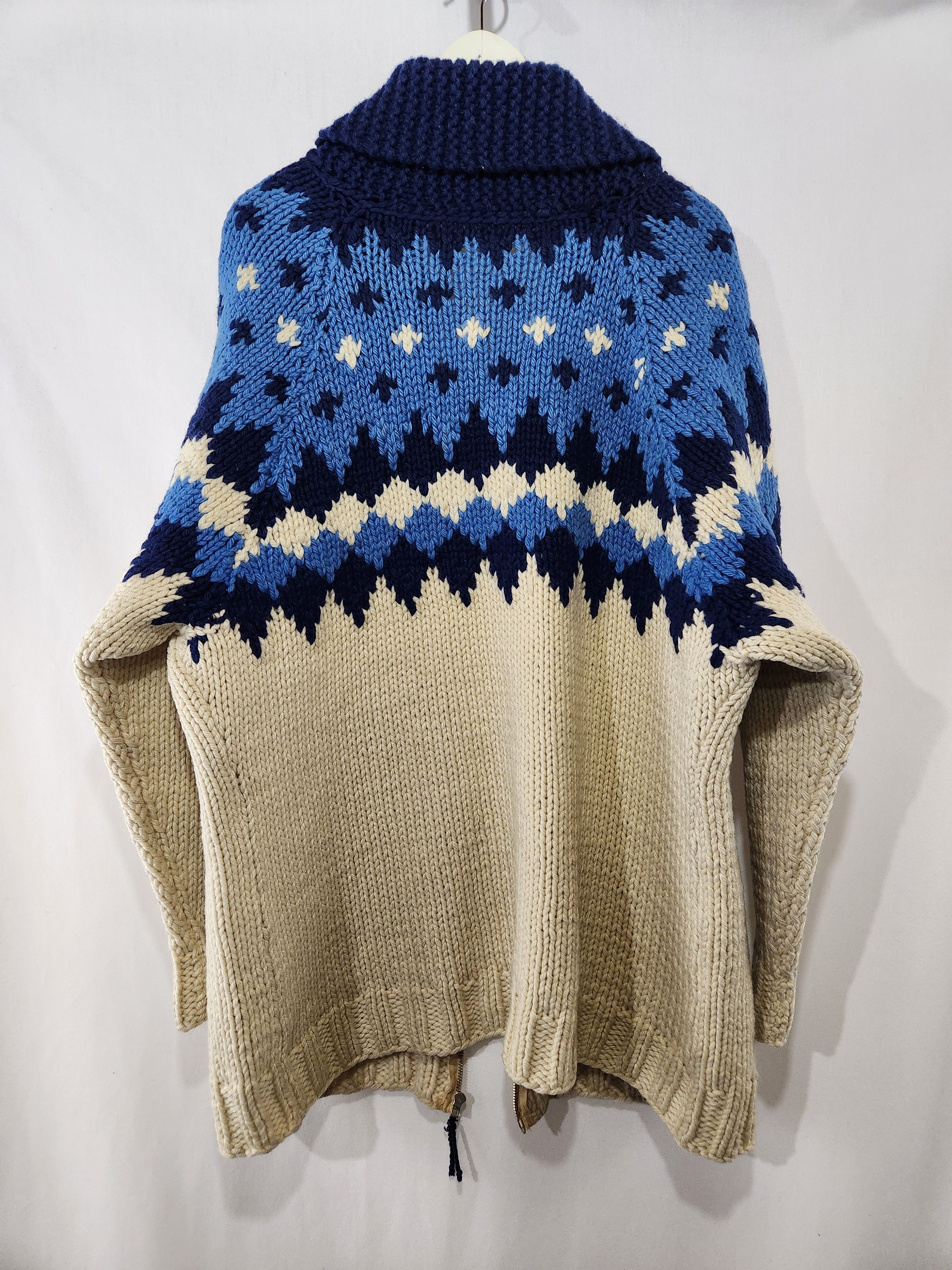 Other Hand Knit Blue Ivory Fair Isle Yolk Shawl Collar Zip Up Size US XL / EU 56 / 4 - 7 Thumbnail