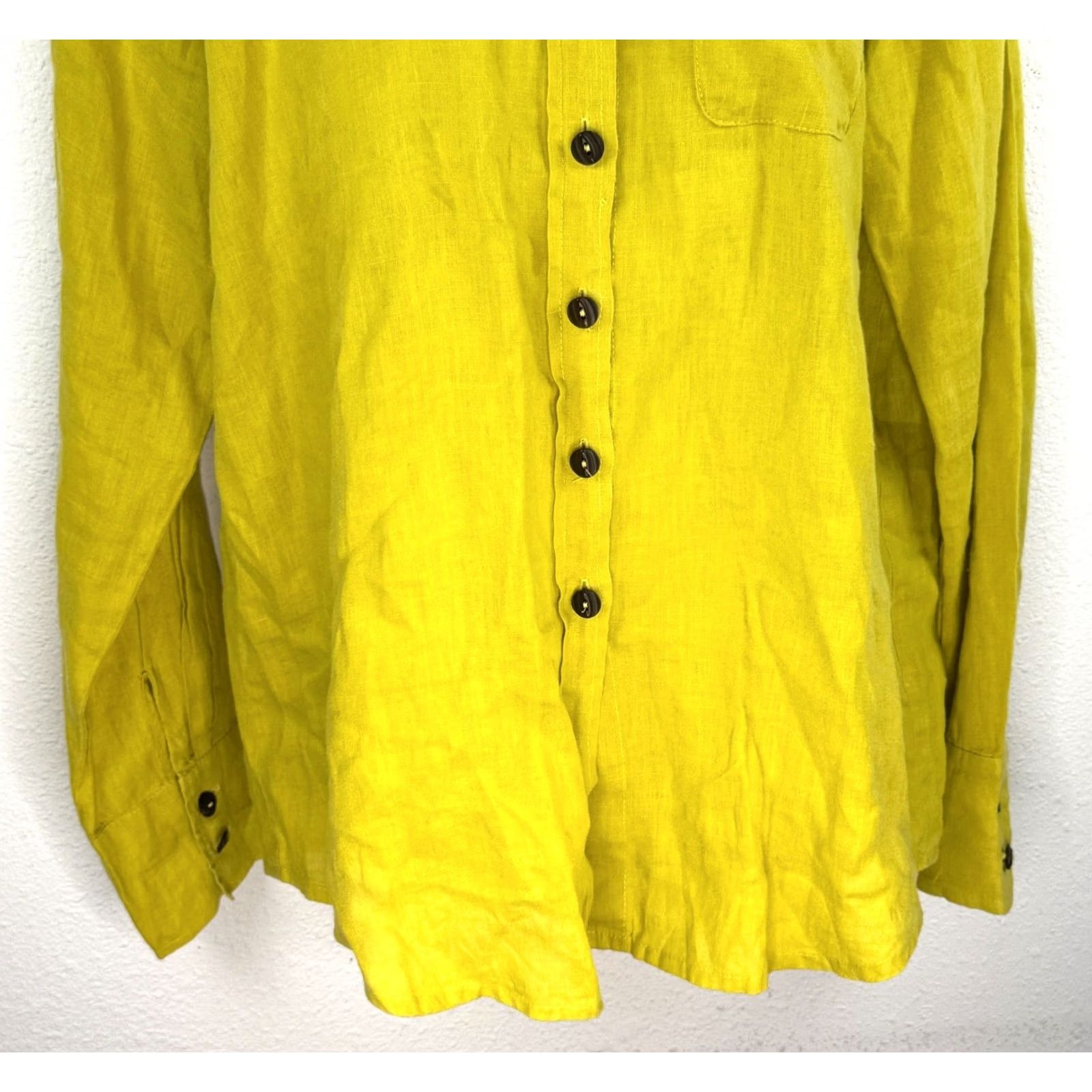 FLAX FLAX Blouse Tunic Top Linen Yellow Small Button Down Long Sleeve Collared Women Shirt Blouse Fashion Size S / US 4 / IT 40 - 3 Thumbnail