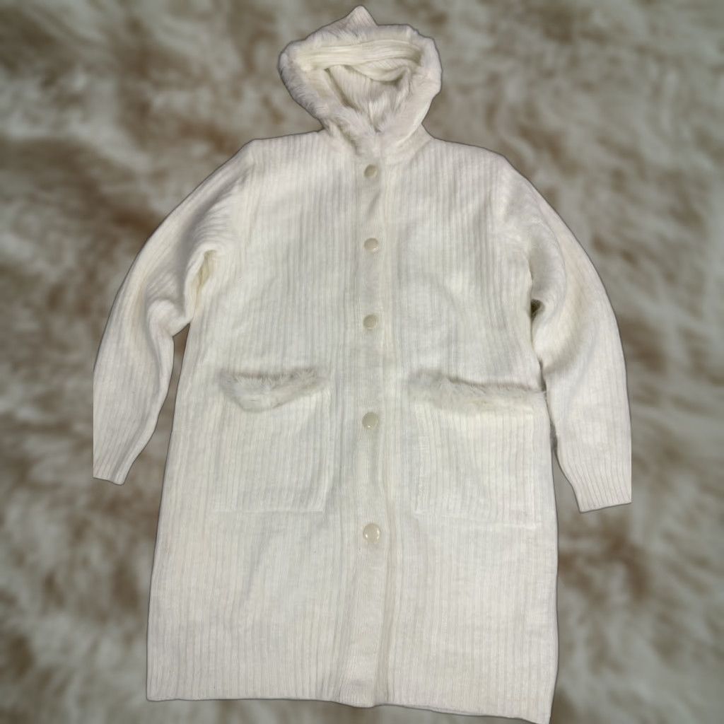 Vintage Fully Fashion Angora Blend White Knit Coat Jacket Hooded Button Up Sz L Women’s Long Sleeve Fleece Knit Coat Jacket Hooded White (Angora) Size L / US 10 / IT 46 - 1 Thumbnail