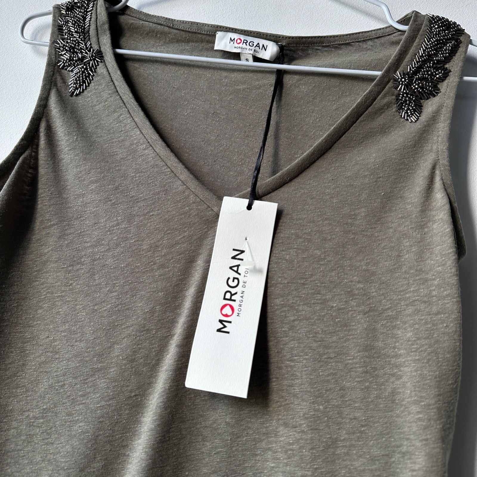 Morgan De Toi Morgan Olive Beaded Shoulder V-Neck Tank Top 9391AC Size S / US 4 / IT 40 - 2 Thumbnail