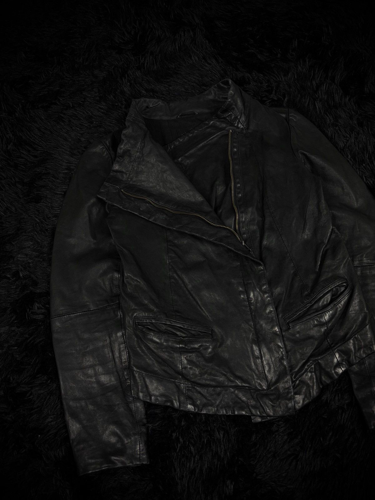 Rick Owens Style Asymmetric Archive Lambskin Leather Jacket