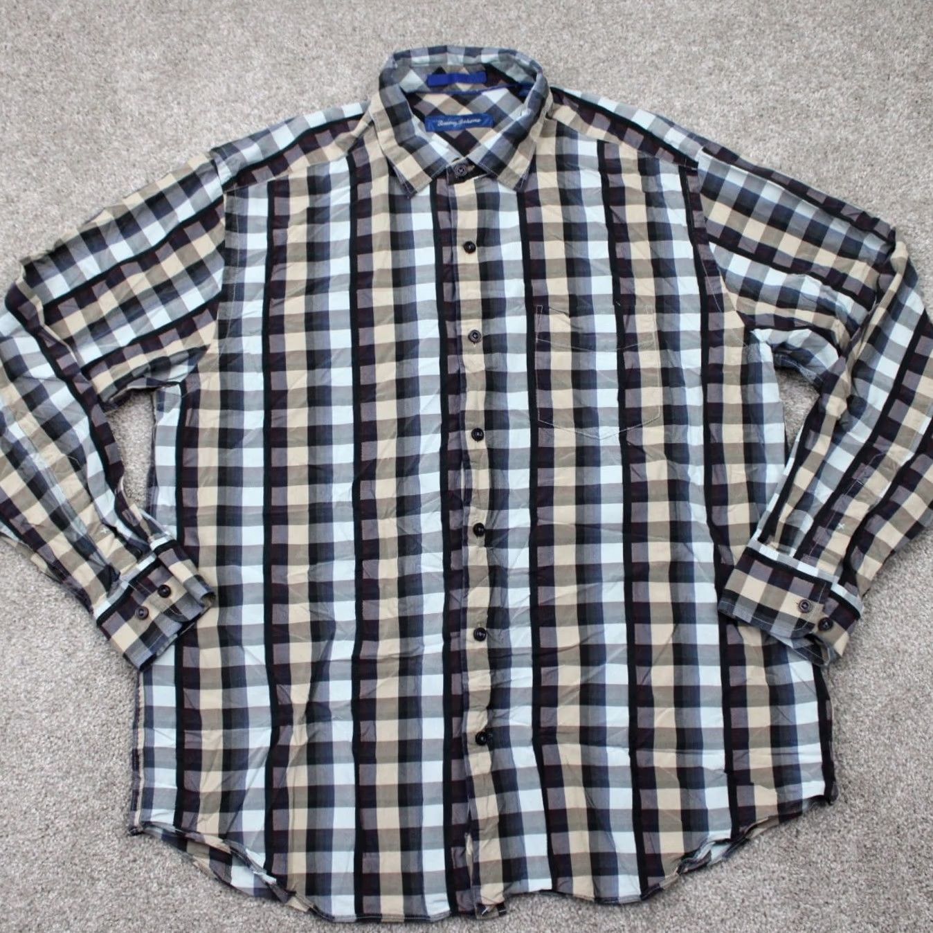 Tommy Bahama Tommy Bahama Silk Shirt Button-Up Plaid Long Sleeve Blue Black Tan Mens Large Size US L / EU 52-54 / 3 - 2 Thumbnail