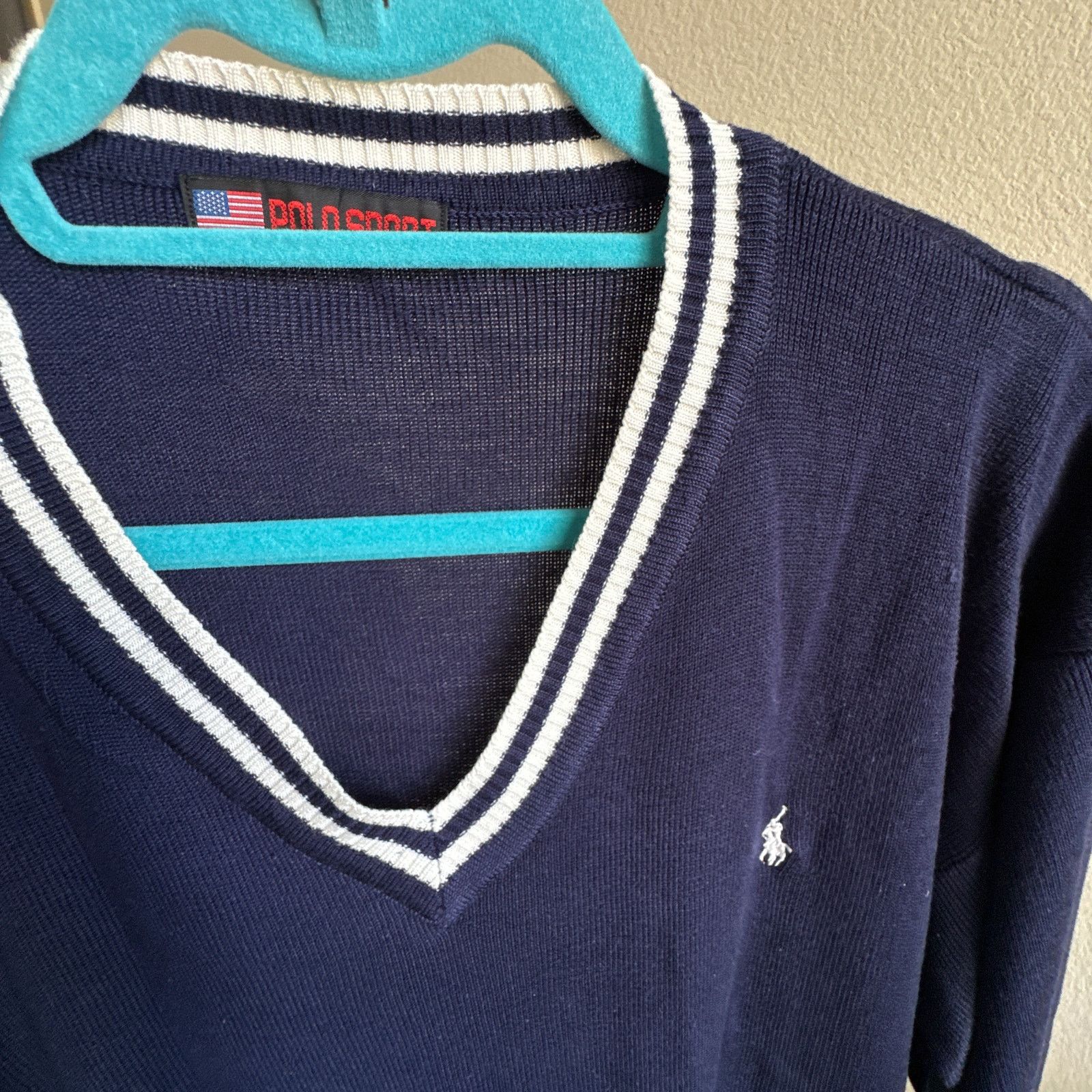 Polo Ralph Lauren × Ralph Lauren Vintage Polo Sport 90s Navy V-Neck Varsity Sweater Size US M / EU 48-50 / 2 - 4 Thumbnail