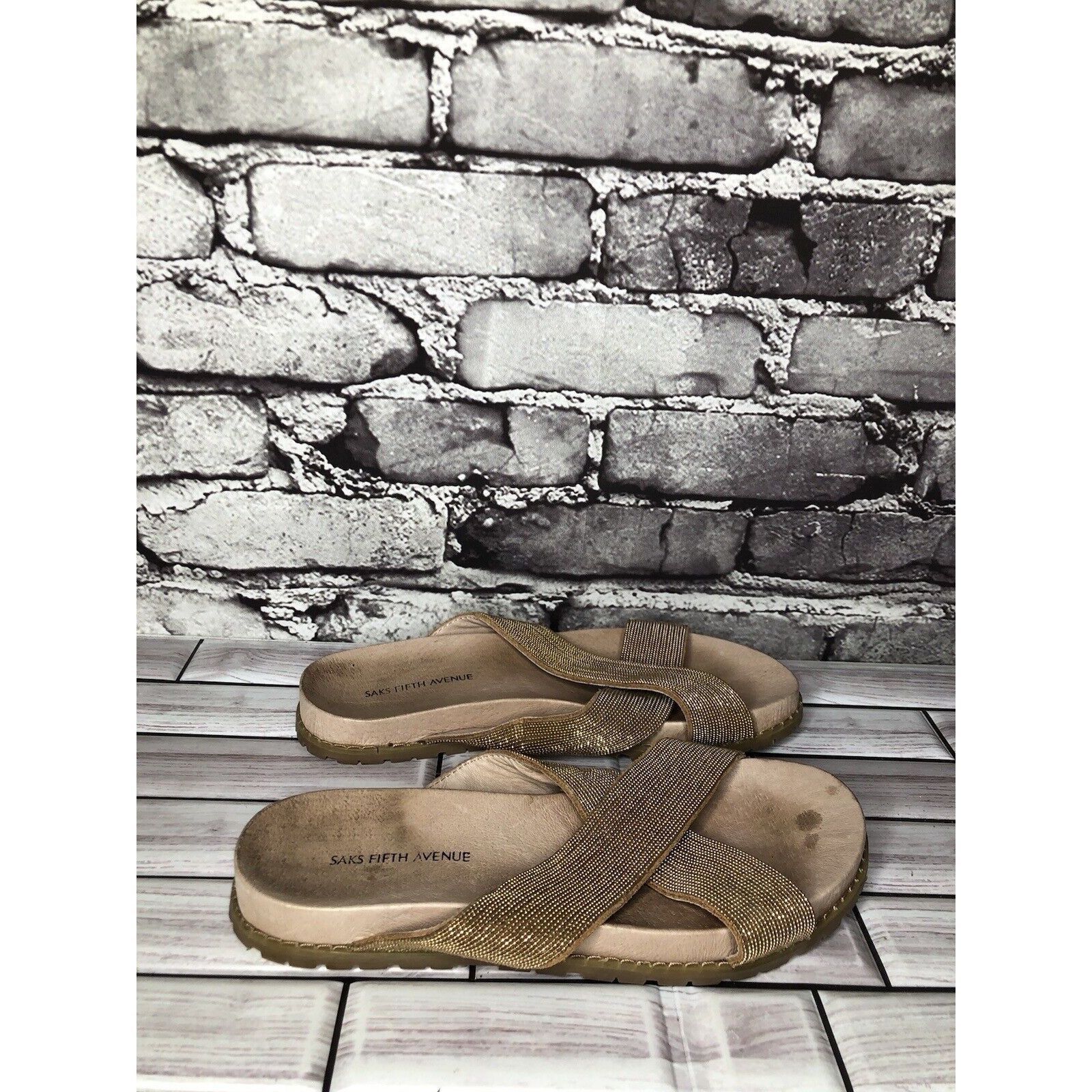 Saks Fifth Avenue Saks Fifth Avenue Tan Gold Beaded Slide Leather Casual Sanda Size US 6 / IT 36 - 10 Thumbnail