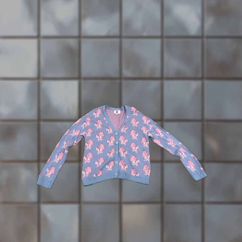 VINTAGE Care Bears ModCloth Cardigan Sweater Blue V-Neck Women S Cardigan Size S
