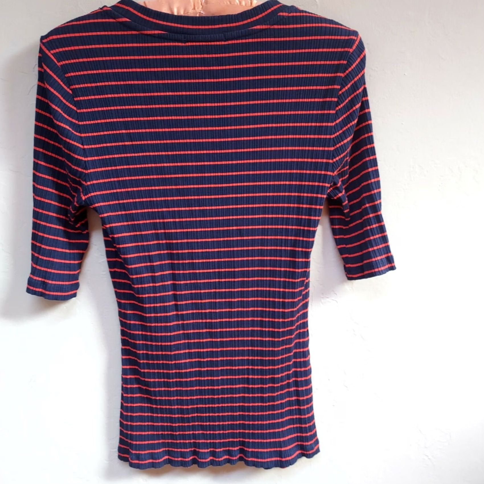 Anthropologie Anthropologie Pure + Good Womens Miranda Striped T-Shirt Small Scoop Neck Ribbed Shirt Womens Navy Blue Striped Casual Short Sleeve Ribbed 90s? Size S / US 4 / IT 40 - 2 Thumbnail