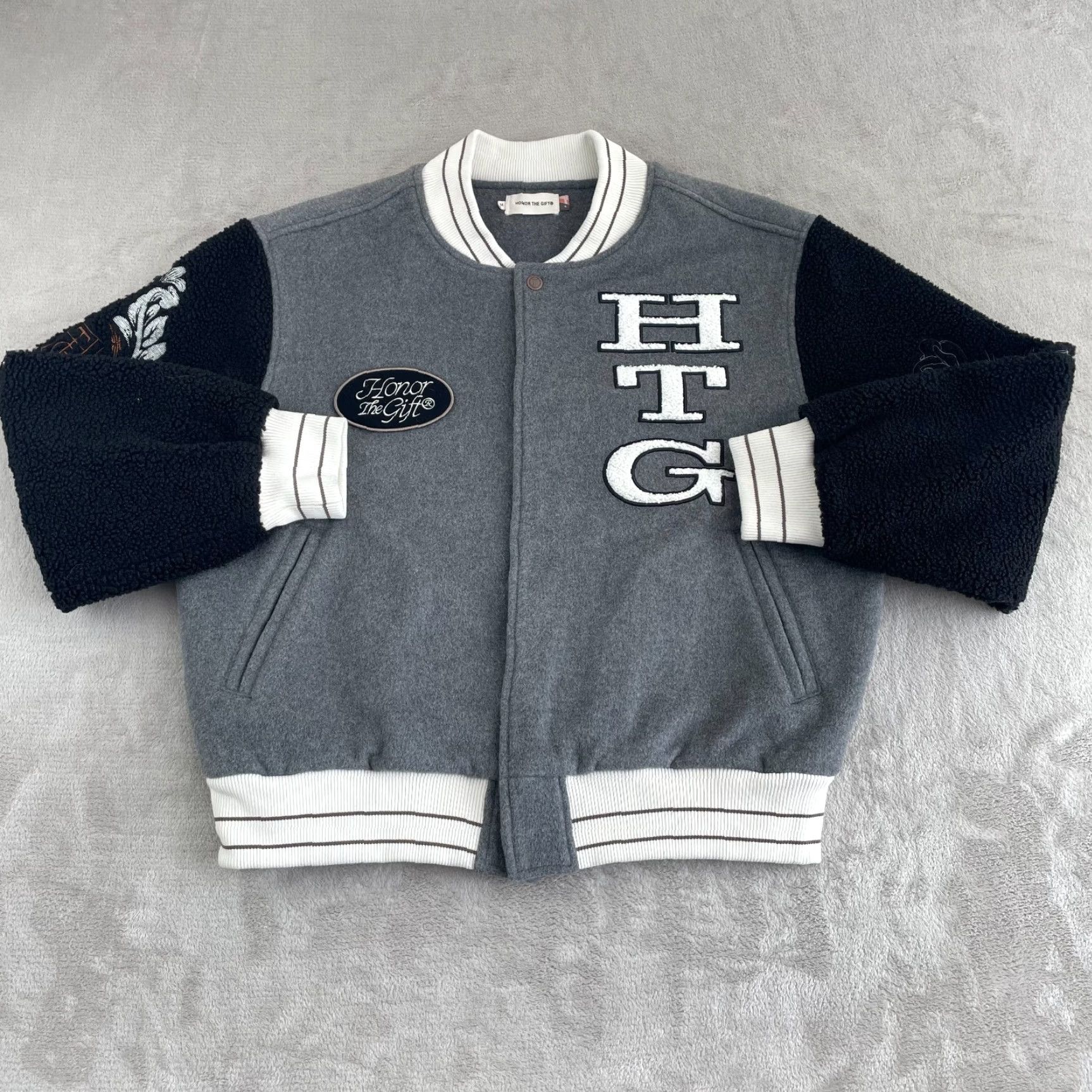 Honor the Gift Honor The Gift HTG Letterman Varsity Jacket Men Medium Wool Gray NWOT Snap Up Size US M / EU 48-50 / 2 - 2 Thumbnail