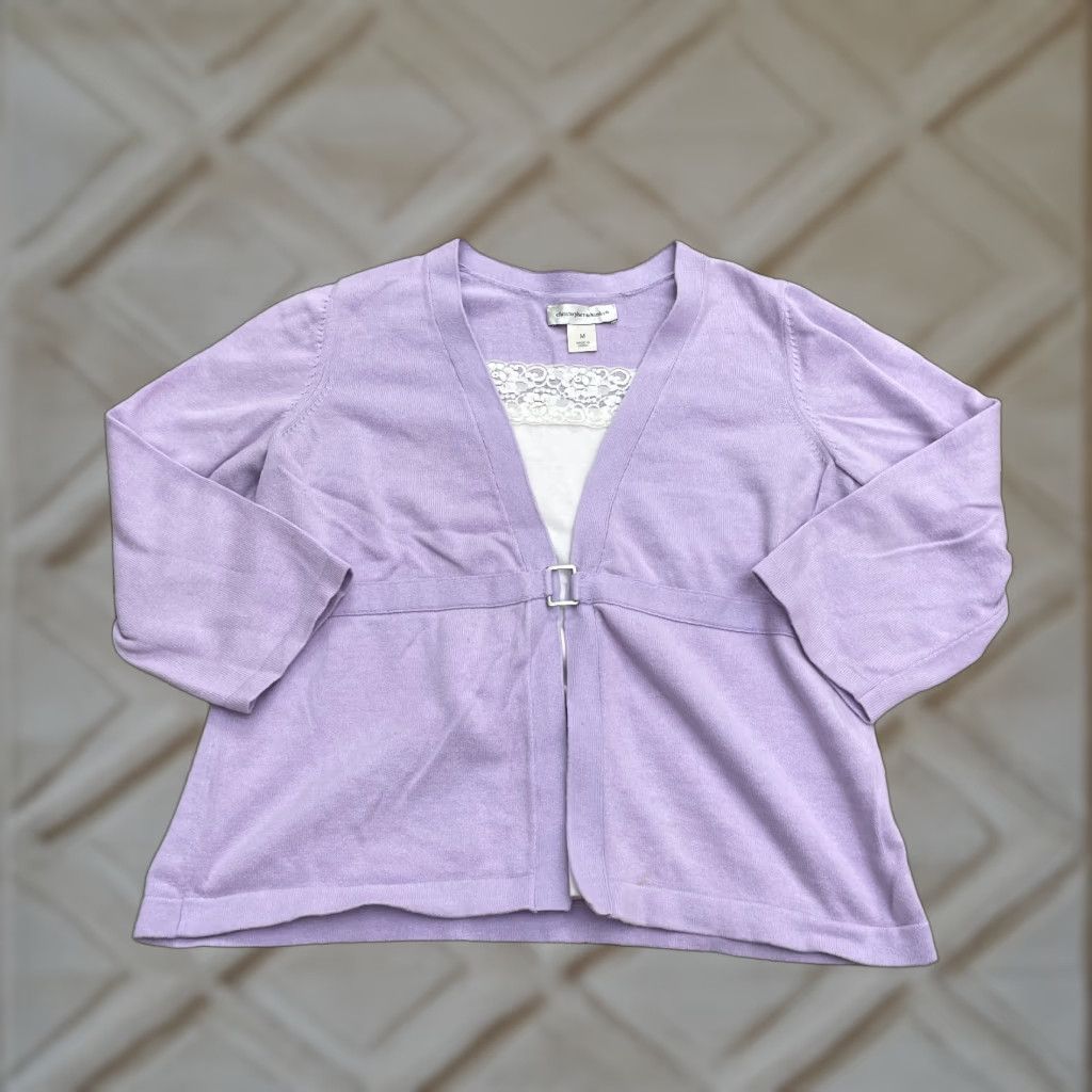 Vintage Christopher & Banks Cardigan Sweater Womens Medium Purple Knit Casual Lace Solid 100% Cotton - Fall Spring - Regular Size M Womens Size M / US 6-8 / IT 42-44 - 1 Thumbnail