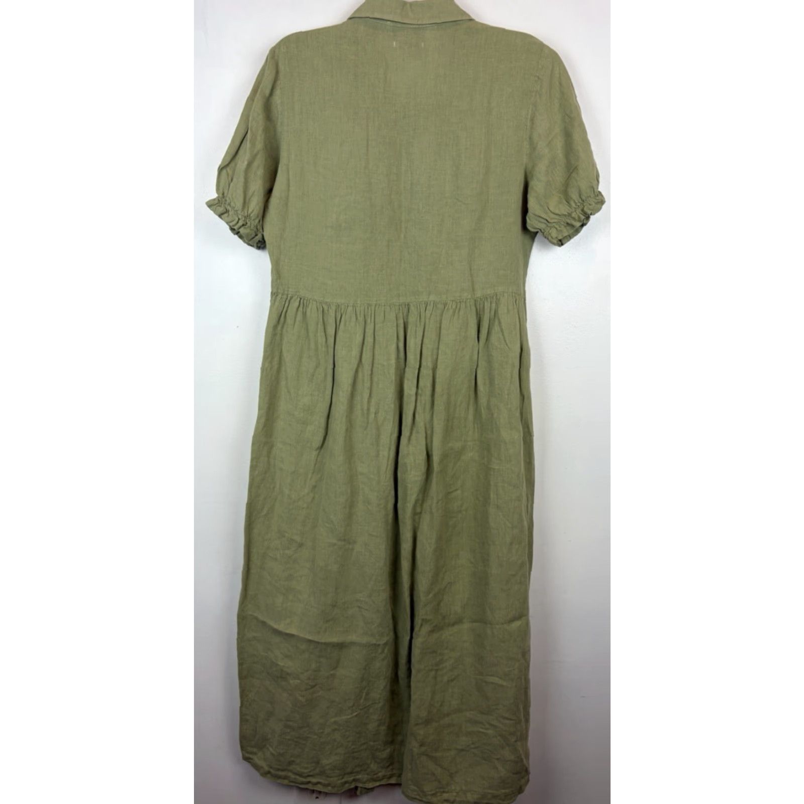 Zara Shirt Dress Women S Green Linen Midi Collared Button Oversized  Bohemian 46\" 18\" SLIT Casual Spring Summer