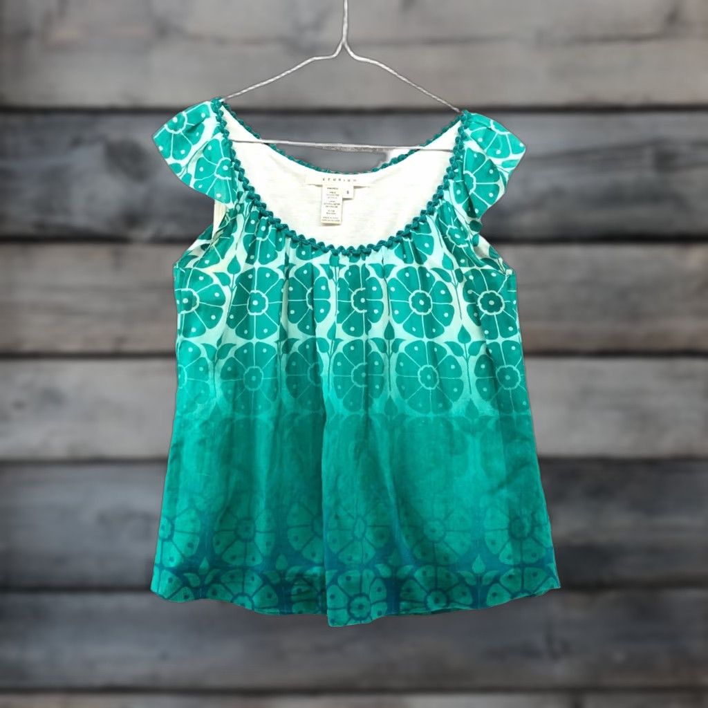 Vintage Studio M Womens Blouse Cotton Silk Floral Scoop Neck Short Sleeve Size S Teal Bohemian Casual Shirt Size S / US 4 / IT 40 - 1 Thumbnail