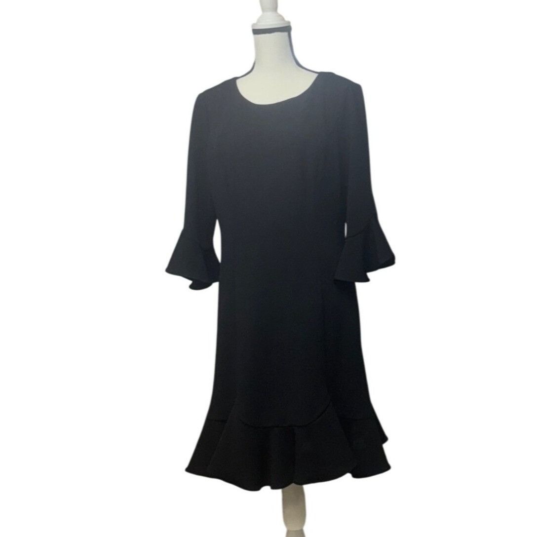 Adrianna Papell Adrianna Papell Black Ruffle Hem & Bell Sleeve Crepe Dress, Size XL / US 12-14 / IT 48-50 - 2 Thumbnail